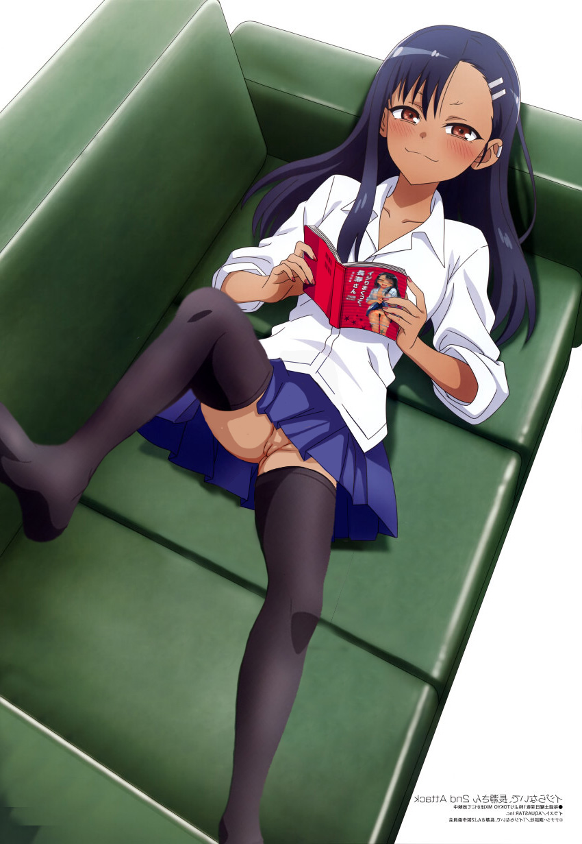 1girls, aquastar inc., black hair, breasts, brown eyes, clothed, clothing, female, female focus, female only, going commando, hayase nagatoro, hi res, highres, laying down, long hair, looking at viewer, megami magazine, on back, please don't bully me, nagatoro, revealing clothes, simple background, skirt, small breasts, smile, solo, tan, tan body, tan skin, tan-skinned female, tanned, tanned female, thighhighs, upskirt, watermark