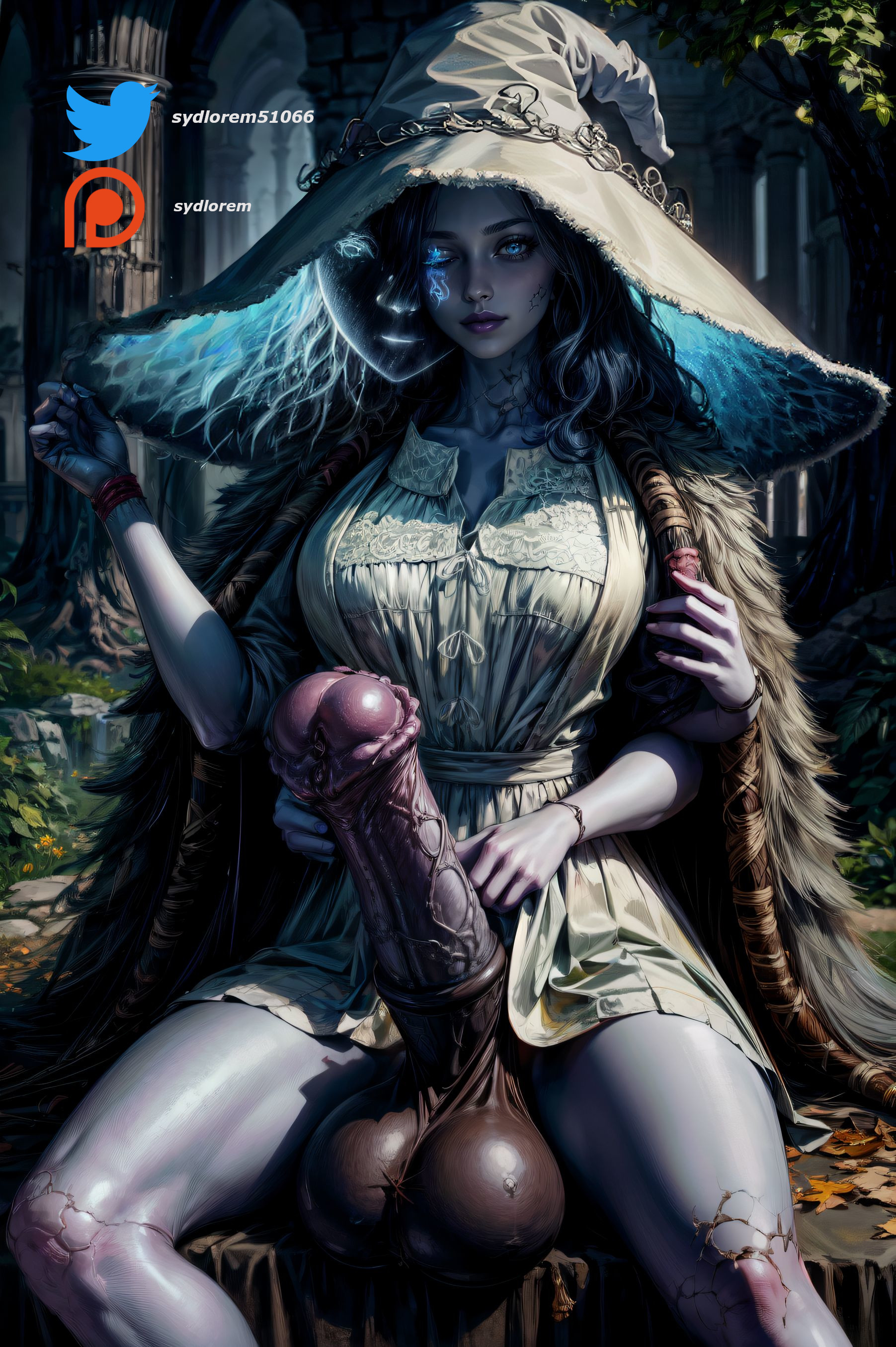 4 arms, abs, ai generated, animal genitalia on humanoid, balls, blue eyes, blue skin, elden ring, erection, futa only, futanari, glowing, hat, horsecock, horsecock futa, horsecock on humanoid, huge balls, huge cock, huge testicles, intersex, looking at viewer, low hanging balls, multi arm, multi face, multi limb, penis, ranni the witch, skindentation, solo futa, stable diffusion, sydlorem, testicles, veiny penis, wavy hair