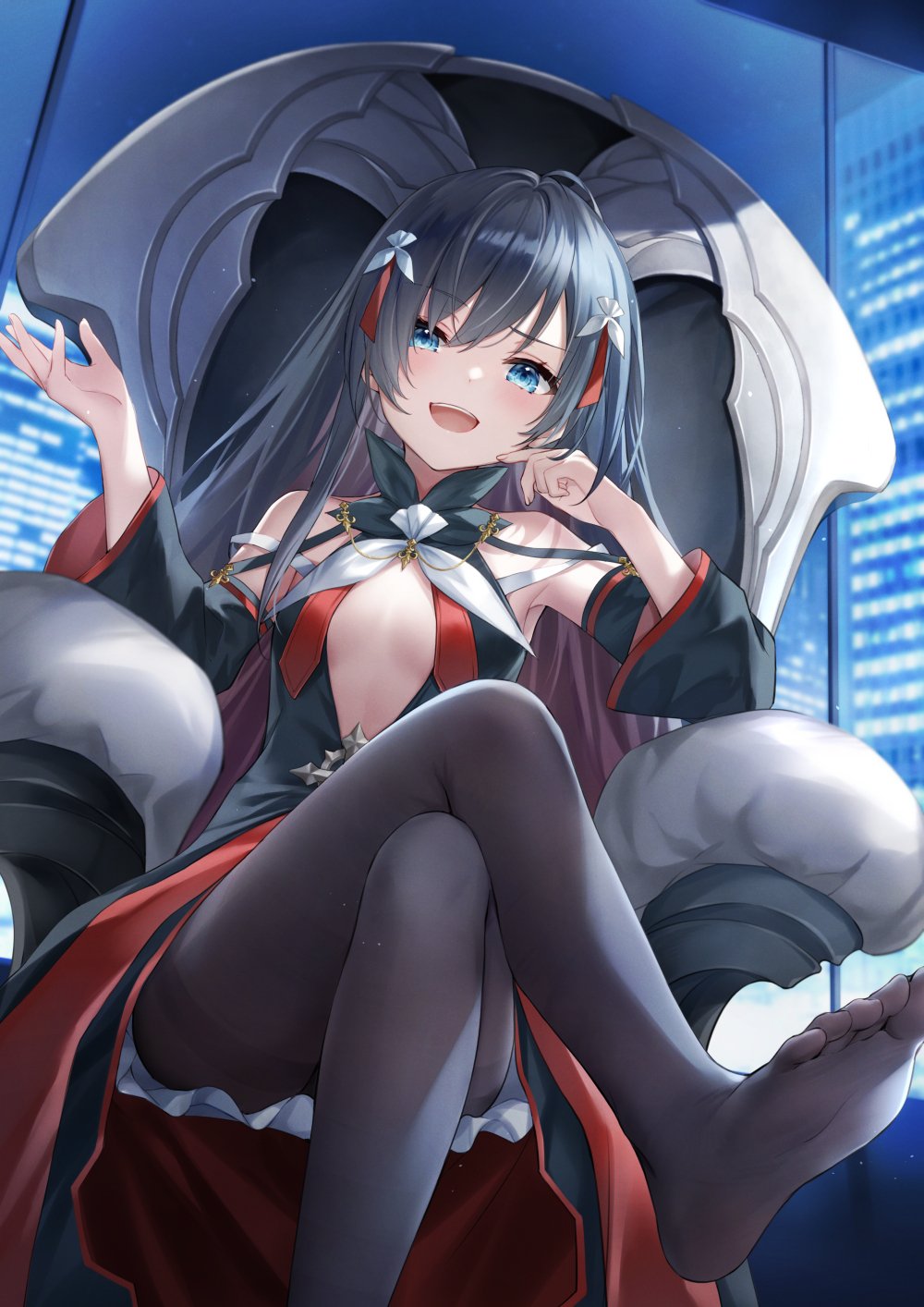 ahoge armpits bare_shoulders black_dress black_hair black_pantyhose blue_eyes breasts center_opening counter:side crossed_legs detached_sleeves dress feet female hair_ornament hand_up higeneko highres long_hair long_sleeves looking_at_viewer no_bra no_shoes open_mouth pantyhose raised_eyebrow rosaria_(counter:side) rosaria_le_friede sitting small_breasts smile smug solo throne toes