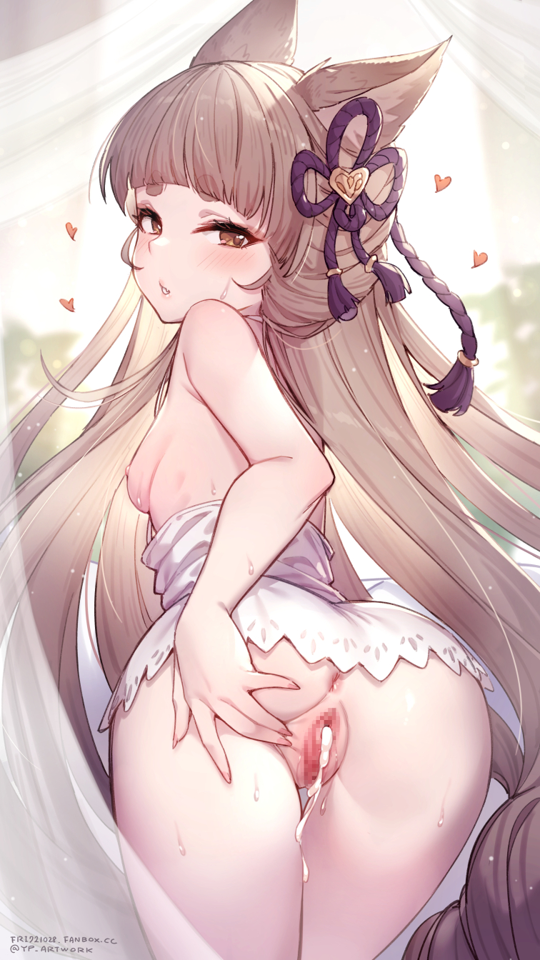 after_sex after_vaginal animal_ears anus arched_bangs ass blunt_bangs blush breasts brown_eyes brown_hair censored clothes_pull commentary_request criss-cross_halter cum cum_in_pussy cumdrip dress dress_pull female from_behind granblue_fantasy hair_ornament halterneck highres long_hair looking_at_viewer looking_back mosaic_censoring nipples paid_reward_available parted_lips pholia pussy short_eyebrows small_breasts solo thick_eyebrows very_long_hair white_dress yellowpaint.