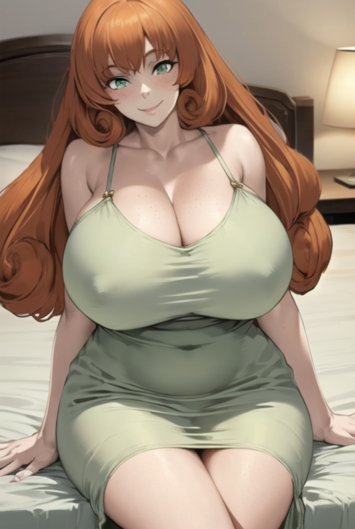 ai generated, android, big breasts, breasts, cleavage, female, green eyes, huge breasts, mature female, milf, mommy, navel visible through clothes, nightgown, nipples visible through clothing, orange hair, penny polendina, robot, robot milf, rooster teeth, rwby, sitting on bed, smiling at viewer, thick thighs, transformationwitch