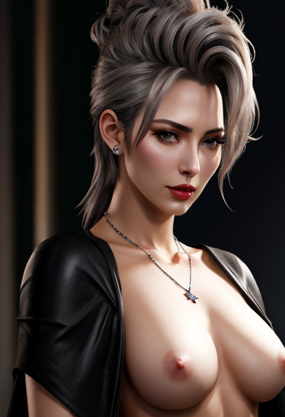 ai_generated breasts dark_background ear_piercing final_fantasy final_fantasy_x final_fantasy_x-2 necklace nipples paine silver_hair square_enix