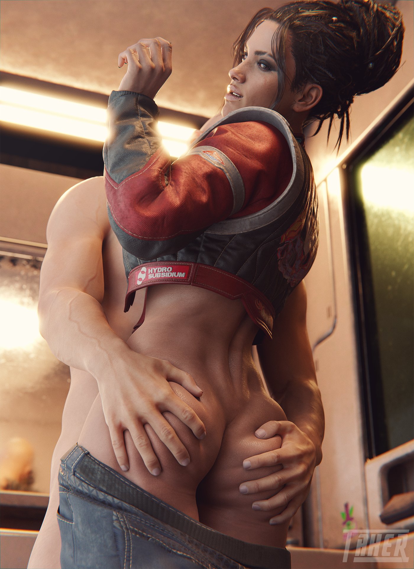 1boy, 1girls, 3d, afro-native, ass, ass grab, big ass, big butt, brown eyes, brown hair, butt grab, cyberpunk 2077, dark skin, dark-skinned female, facing away, female, female focus, female protagonist, fit, fit female, human, interracial, jeans down, large ass, light skin, light-skinned male, male, muscular, muscular male, panam palmer, pants down, rear view, squeezing, squeezing butt, takerskiy, thick thighs