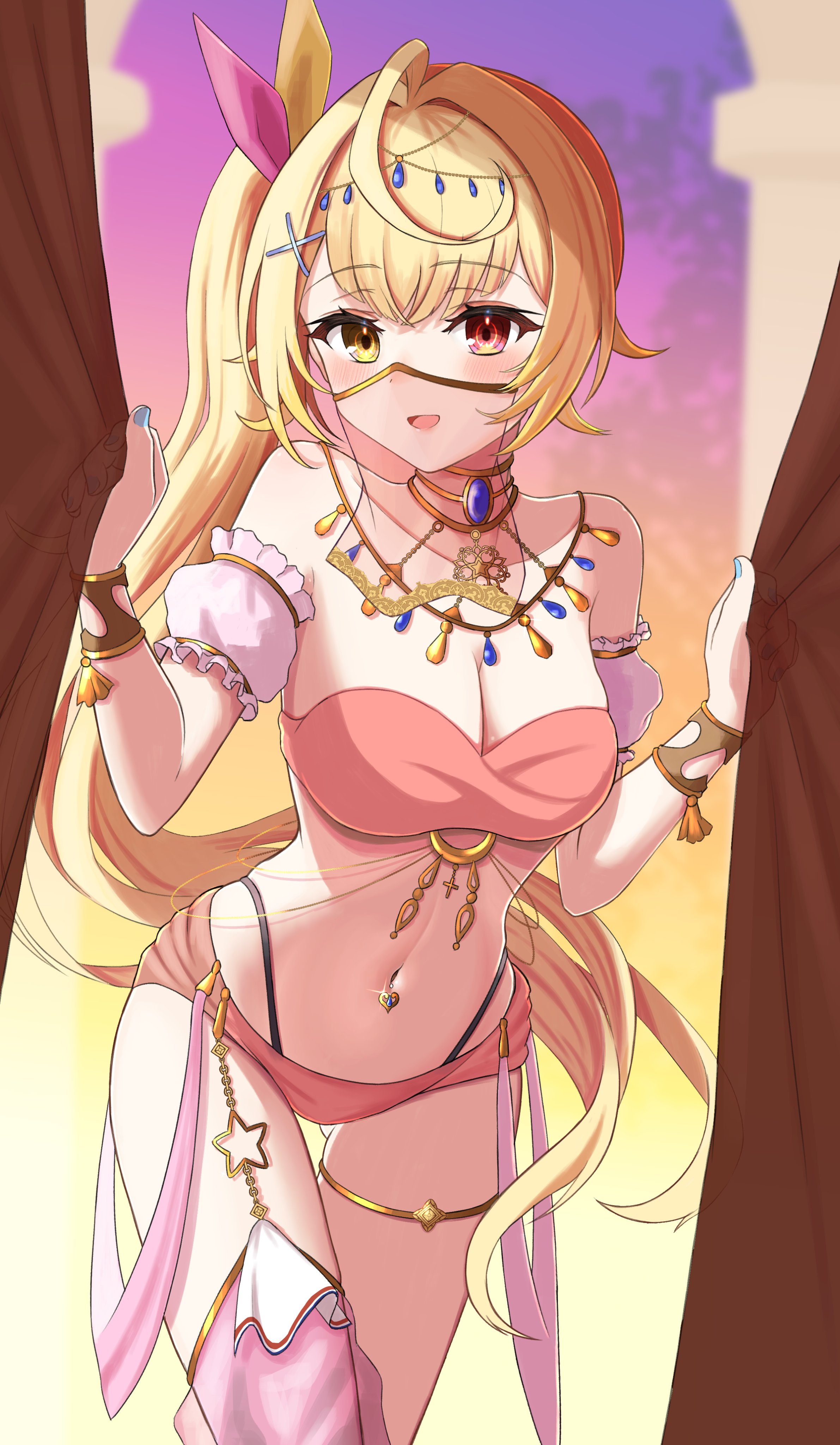 1girls, amber eyes, belly dancer, belly dancer outfit, blonde hair, bracelet, breasts, cleavage, emobico, female, female only, harem girl, harem outfit, hazel eyes, heterochromia, hoshikawa sara, large breasts, long hair, navel piercing, necklace, nijisanji, veil, virtual youtuber, voluptuous