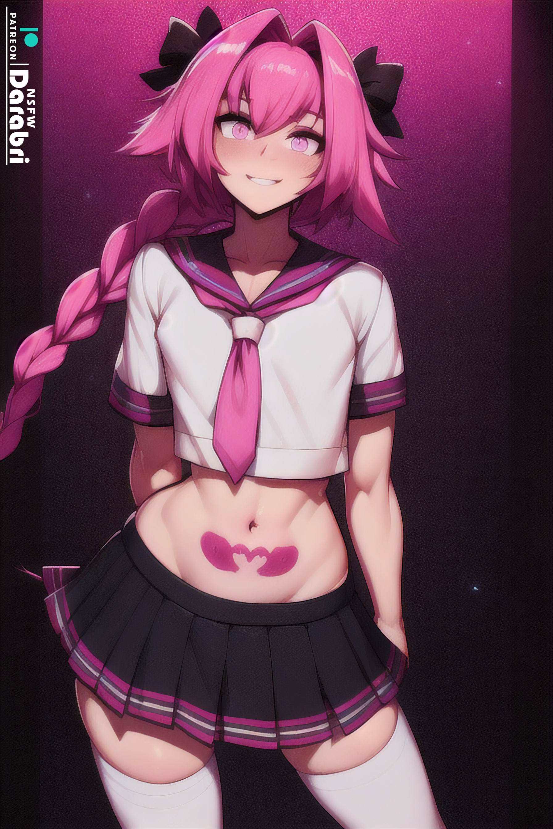 1boy, abstract background, absurd res, ai generated, ass, astolfo (fate), big ass, big butt, braided hair, crazy eyes, crop top, cute, darabri, excited, fate (series), fate/grand order, femboy, feminine male, girly, glowing eyes, happy, hidden penis, highres, logo, long braid, looking at viewer, male, male only, miniskirt, navel, pale skin, patreon, patreon logo, penis, pink, pink eyes, pink hair, pink tattoo, shadow, short skirt, simple background, skirt, sleeveless, smile, solo, solo focus, solo male, stockings, tattoo, tie, toned, topwear, tramp stamp, trap, white stockings