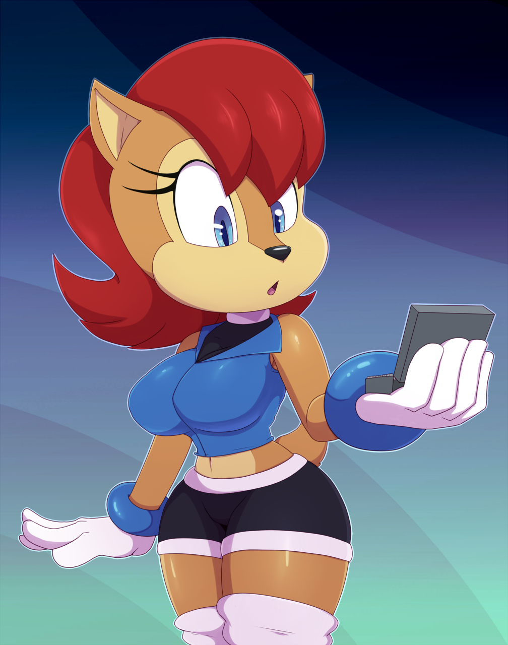 1girls 2d abstract_background anthro bigdon1992 bike_shorts blue_eyes breasts brown_fur chipmunk clothed color crop_top eyelashes female female_only furry gloves mobian_(species) navel red_hair sally_acorn sega shaded shorts solo sonic_(series) sonic_satam sonic_the_hedgehog_(archie) sonic_the_hedgehog_(series) thick_thighs vest wide_hips