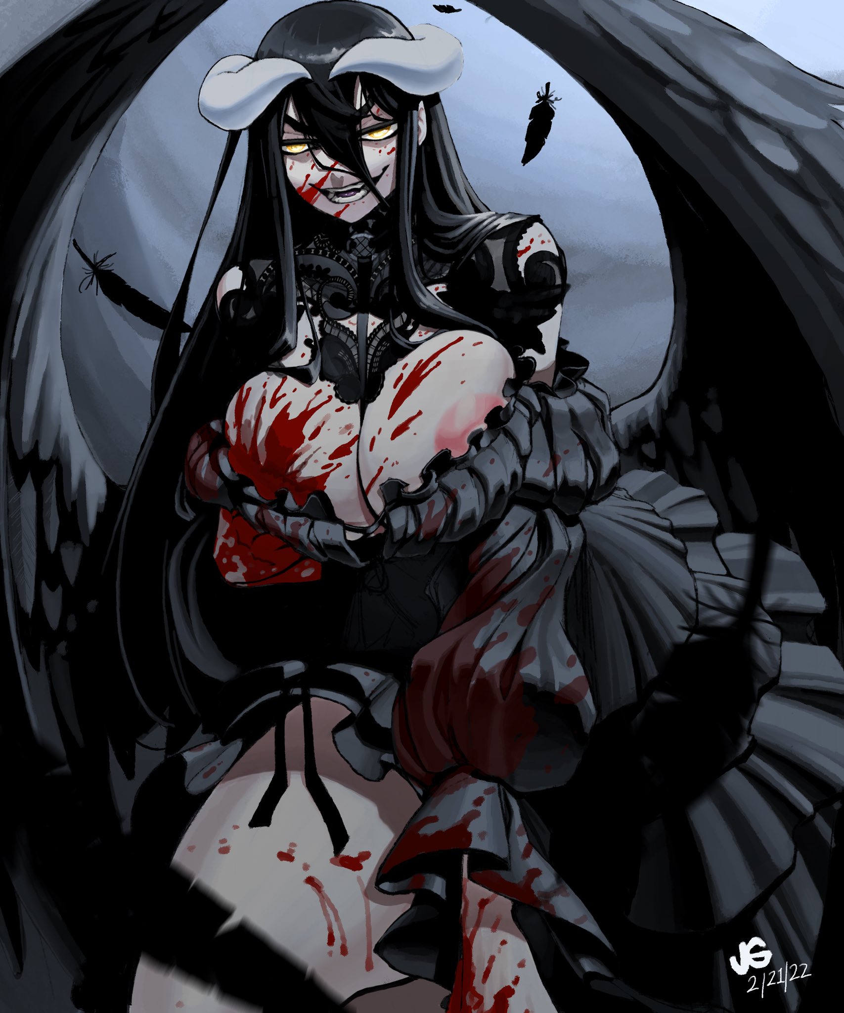 1girls, 2022, albedo (overlord), areolae, big breasts, black hair, blood, breasts, demon, demon girl, demon horns, dress, feathered wings, female, female only, goth, hi res, horns, jgeorgedrawz, long hair, looking at viewer, narrowed eyes, nipple peek, nipples, open mouth, overlord (maruyama), smiling, smiling at viewer, solo, succubus, thick thighs, wings, yellow eyes