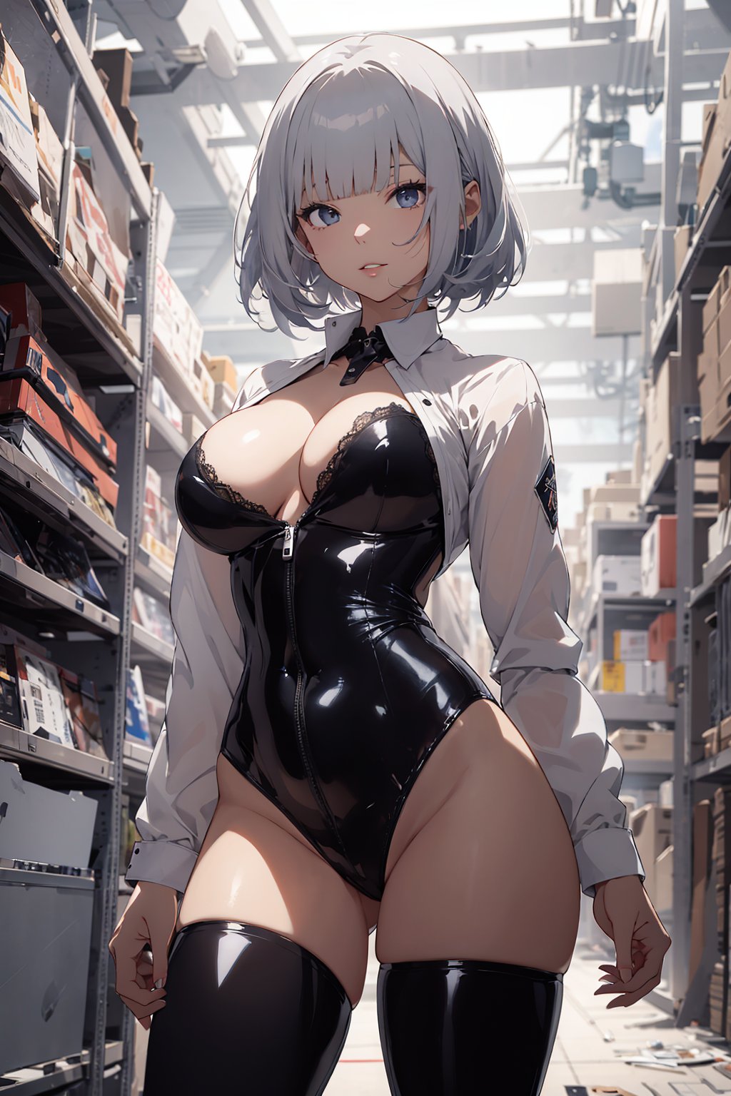 ai generated, big breasts, black clothing, black thighhighs, blue eyes, breasts, cleavage, female, female only, indoors, latex, latex leotard, latex suit, latex thighhighs, shirt open, short hair, solo, solo female, standing, thighhighs, thighs, warehouse, white hair, white shirt, wide hips, yamato ai8