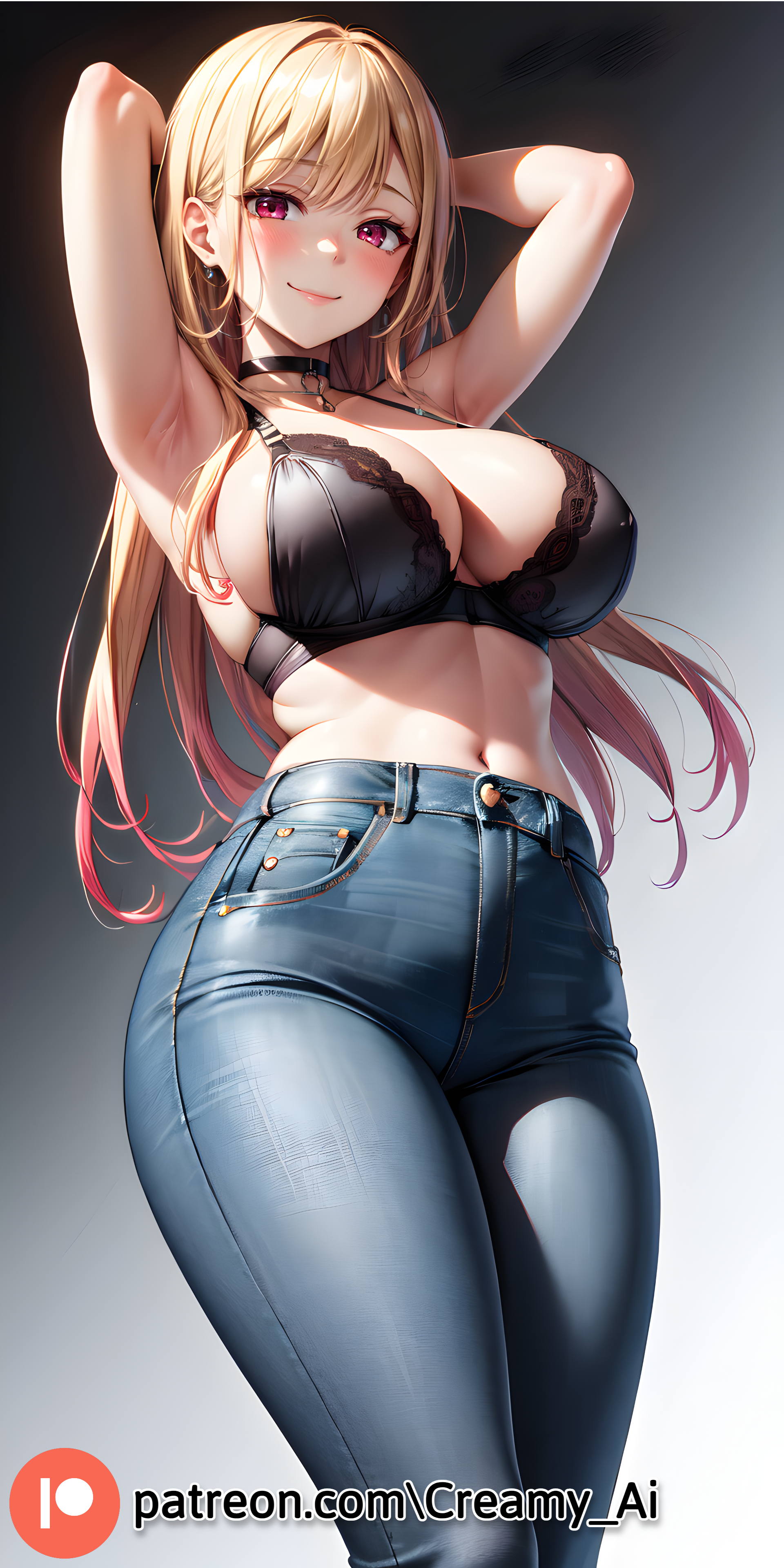 1girls, ai generated, armpits, big breasts, blonde hair, blush, bra, breasts, choker, creamy ai, female, female only, hands behind head, jeans, kitagawa marin, navel, smile, sono bisque doll wa koi wo suru, standing, thighs
