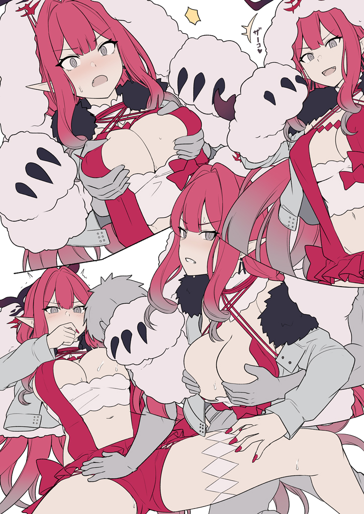 baobhan sith (fate), breast grab, breasts, claws, colored, fate (series), fate/grand order, female, grabbing, grey eyes, multiple views, navel, open mouth, pointy ears, red hair, red shorts, shiseki hirame, simple background, straight, sweat, swimsuit, white background