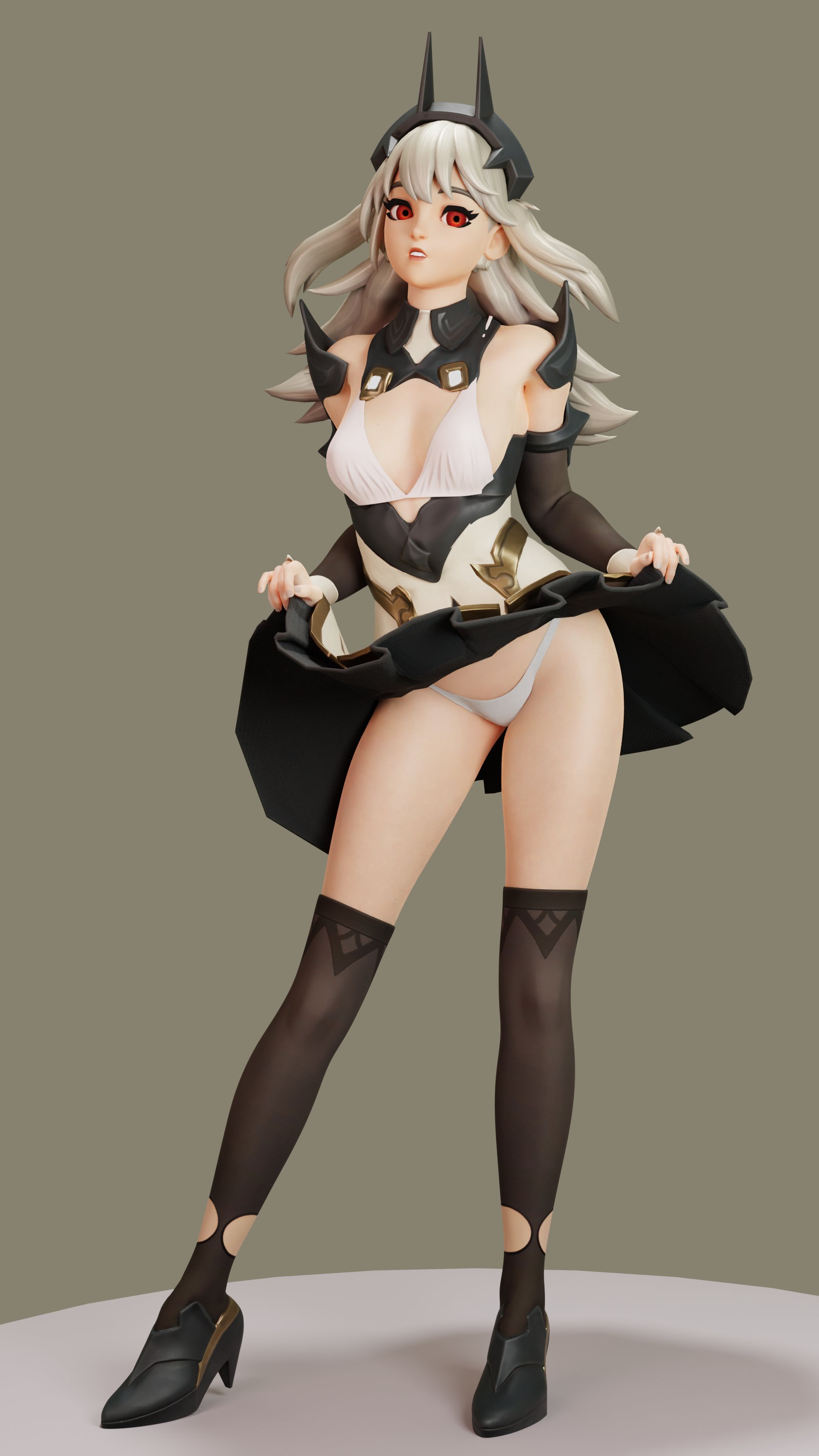 1girls, 3d, arms, boobs, breasts, clothed, clothing, covered breasts, covered nipples, detached sleeves, digital media (artwork), female, female focus, female only, fortnite, front view, headband, heels, hips, image, kneesocks, legs, legs apart, legwear, lexa (fortnite), light skin, looking at viewer, luckyjay2k, open eyes, open mouth, partially clothed, princess lexa (fortnite), red eyes, skirt, skirt lift, sole female, standing, teeth showing, thighs, upskirt, waist, white hair