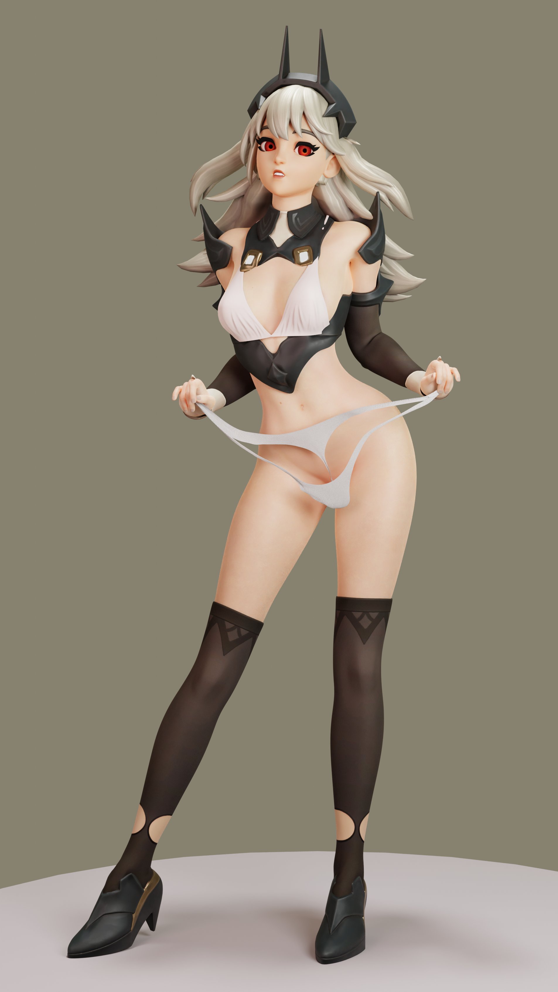 1girls, 3d, arms, belly, belly button, boobs, bottomless, breasts, clothed, clothing, covered breasts, covered nipples, detached sleeves, digital media (artwork), female, female focus, female only, fortnite, front view, headband, heels, hips, holding panties, image, kneesocks, legs, legs apart, legwear, lexa (fortnite), light skin, looking at viewer, luckyjay2k, navel, open eyes, open mouth, partially clothed, princess lexa (fortnite), red eyes, sole female, standing, stomach, teeth showing, thighs, waist, white hair