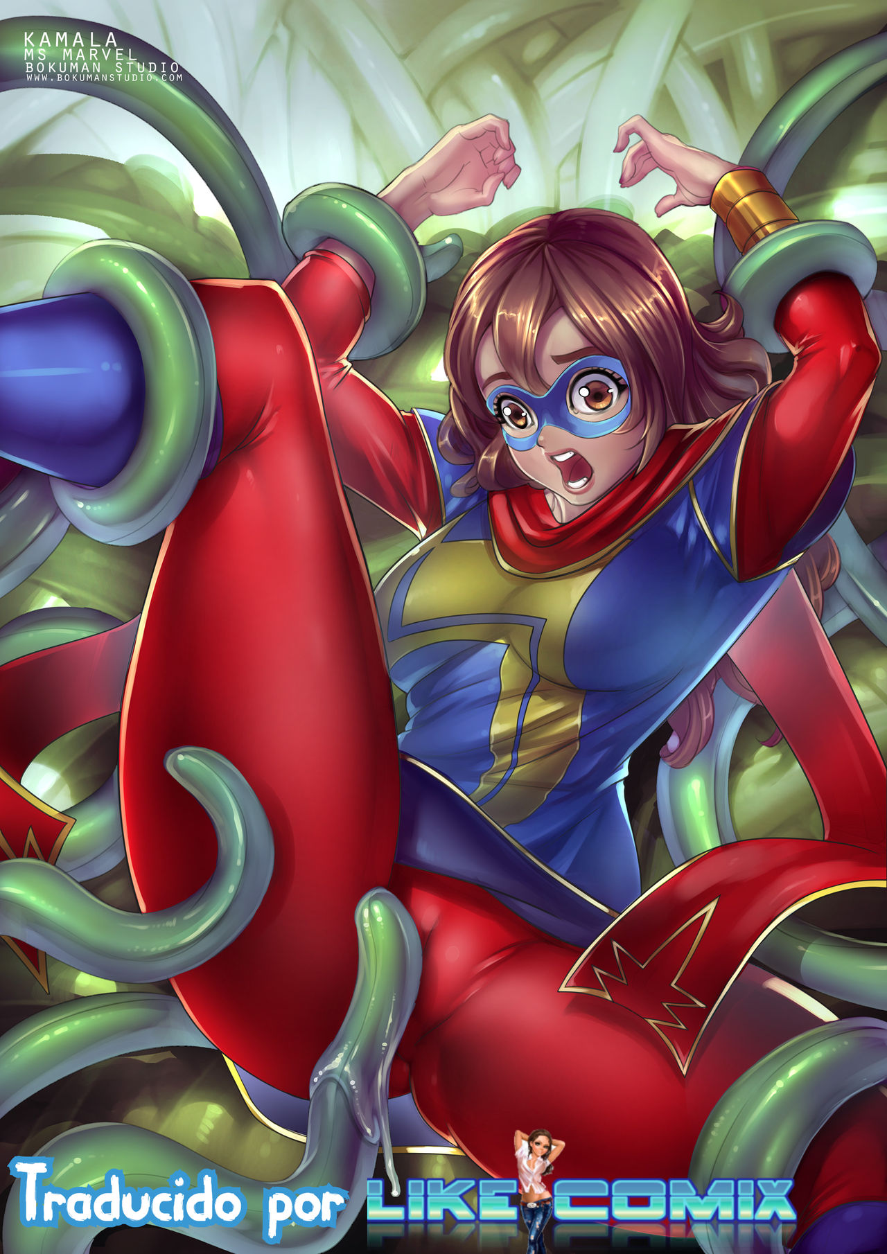 2020 arabian arabian_female blue_boots bokuman boots brown_eyes brown_hair comic_cover female female_focus female_only green_tentacles kamala_khan long_hair looking_down lying lying_on_back marvel medium_breasts muslim muslim_female open_mouth original_characters parody parody_porn questionable raised_arms spread_legs superhero_costume superheroine tentacle tentacle_sex visible_teeth