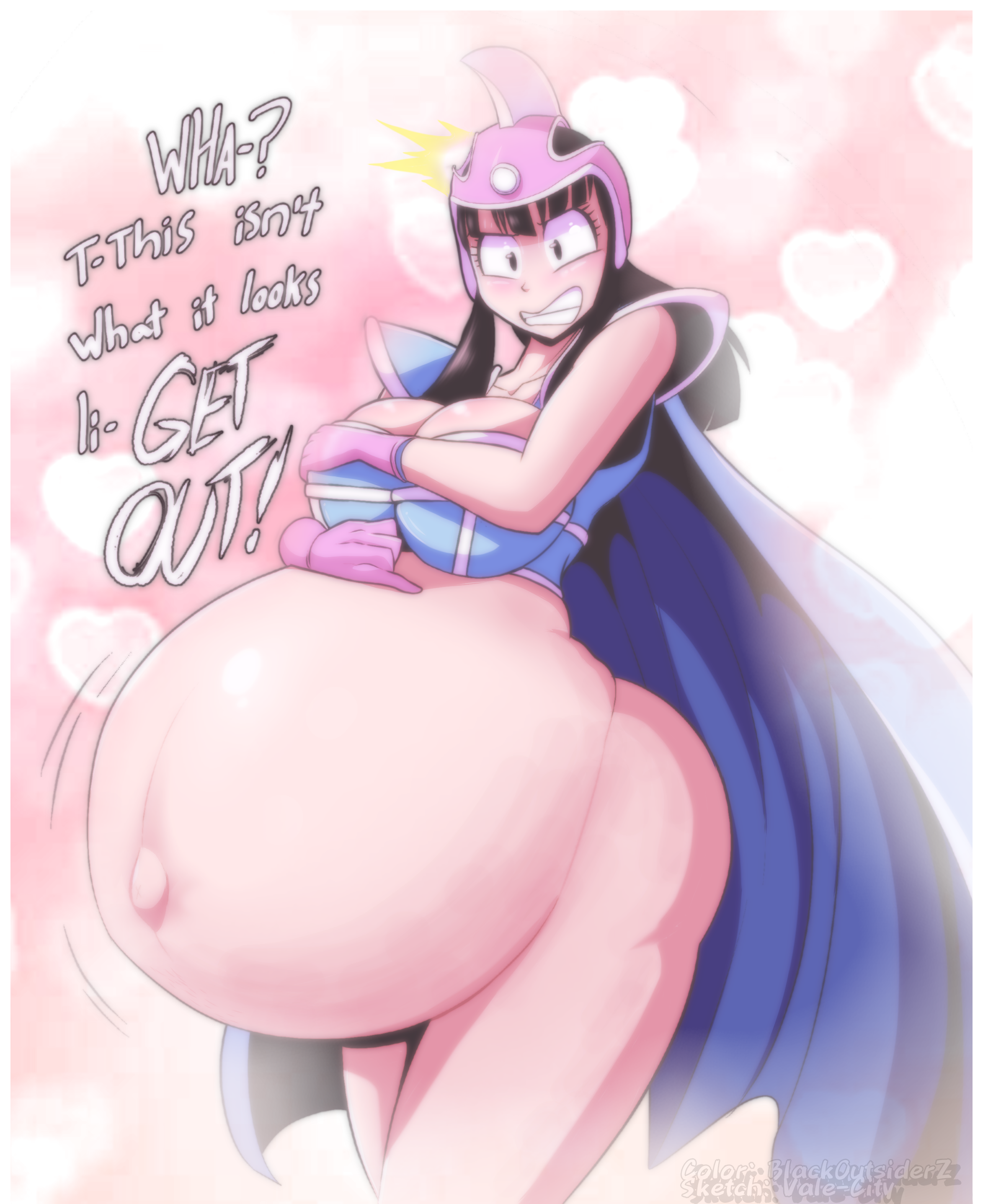 1girls, belly, big belly, big breasts, black hair, blackoutsiderz, breasts, chichi, chichi's armor, cleavage, colored, covering breasts, dialogue, dragon ball, dragon ball z, edit, female, female only, huge belly, huge breasts, hyper pregnancy, outie navel, pregnant, solo, text, vale-city