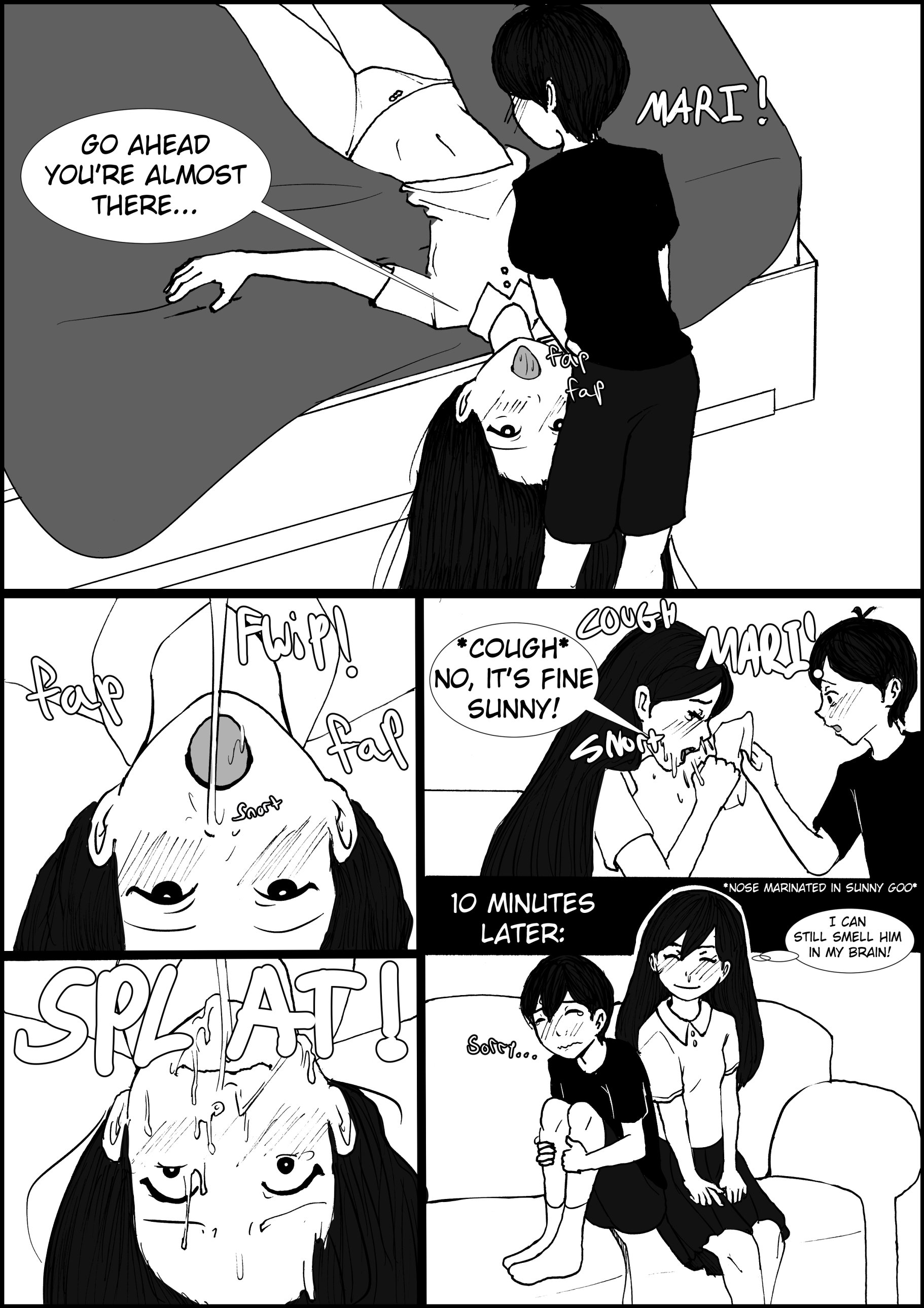 1boy, 1girls, black hair, brother, brother and sister, cum in nose, english text, female, incest, junopea, laying on back, little brother, long hair, male, mari (omori), monochrome, older sister, omori, short hair, snorting, sunny (omori), tagme, text, tongue, tongue out