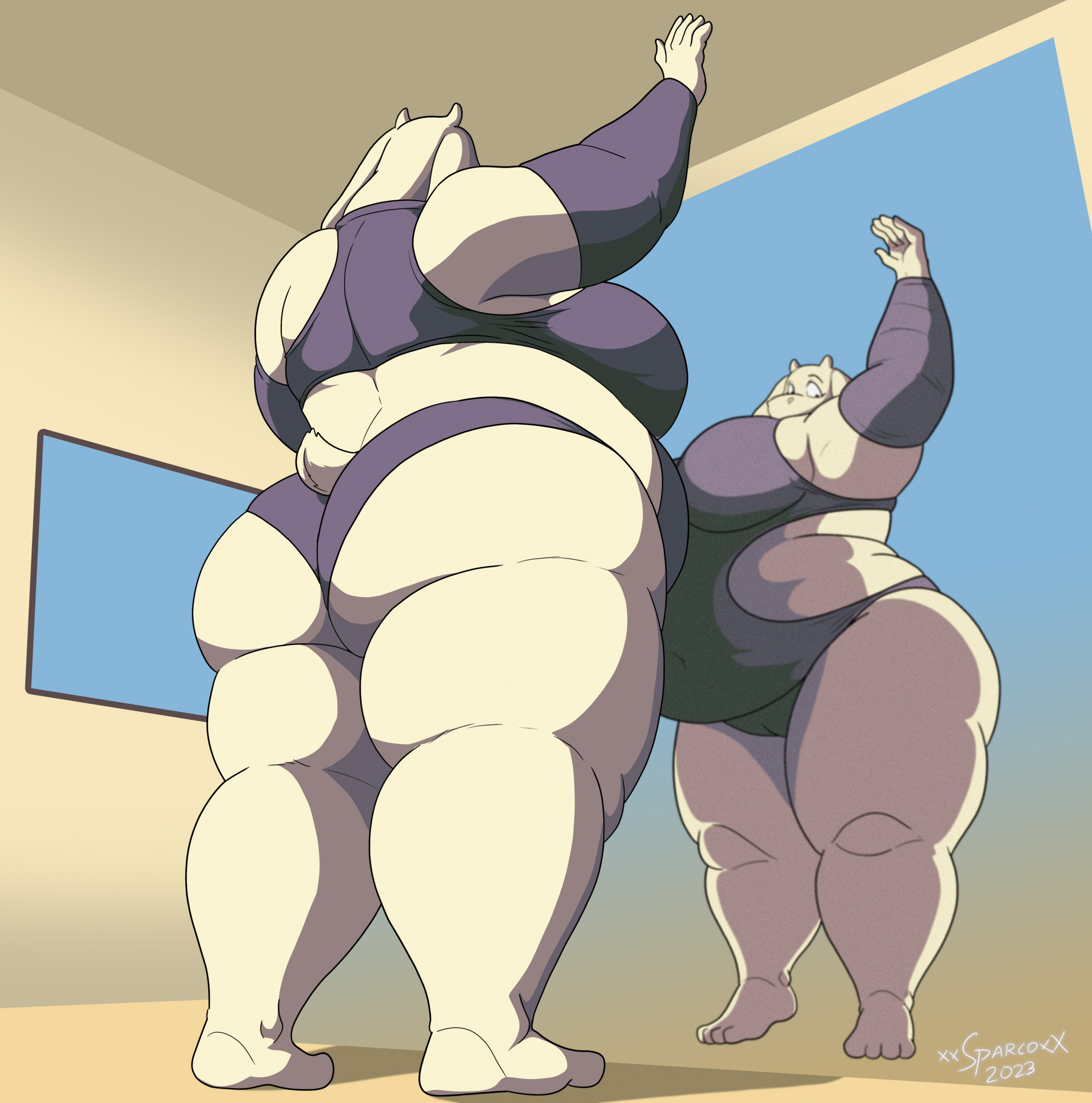 1girls, anthro, ass, bbw, belly, big ass, big belly, big breasts, breasts, cameltoe, chubby, chubby female, clothing, female, female only, goat, milf, mirror, mirror reflection, mother, one-piece swimsuit, pussy, solo, swimsuit, thick thighs, toriel, undertale, undertale (series), wide hips, xxsparcoxx