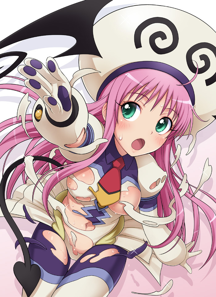 demon_tail face green_eyes ha-ru hat lala_satalin_deviluke long_hair peke pink_hair tail to_love-ru torn_clothes