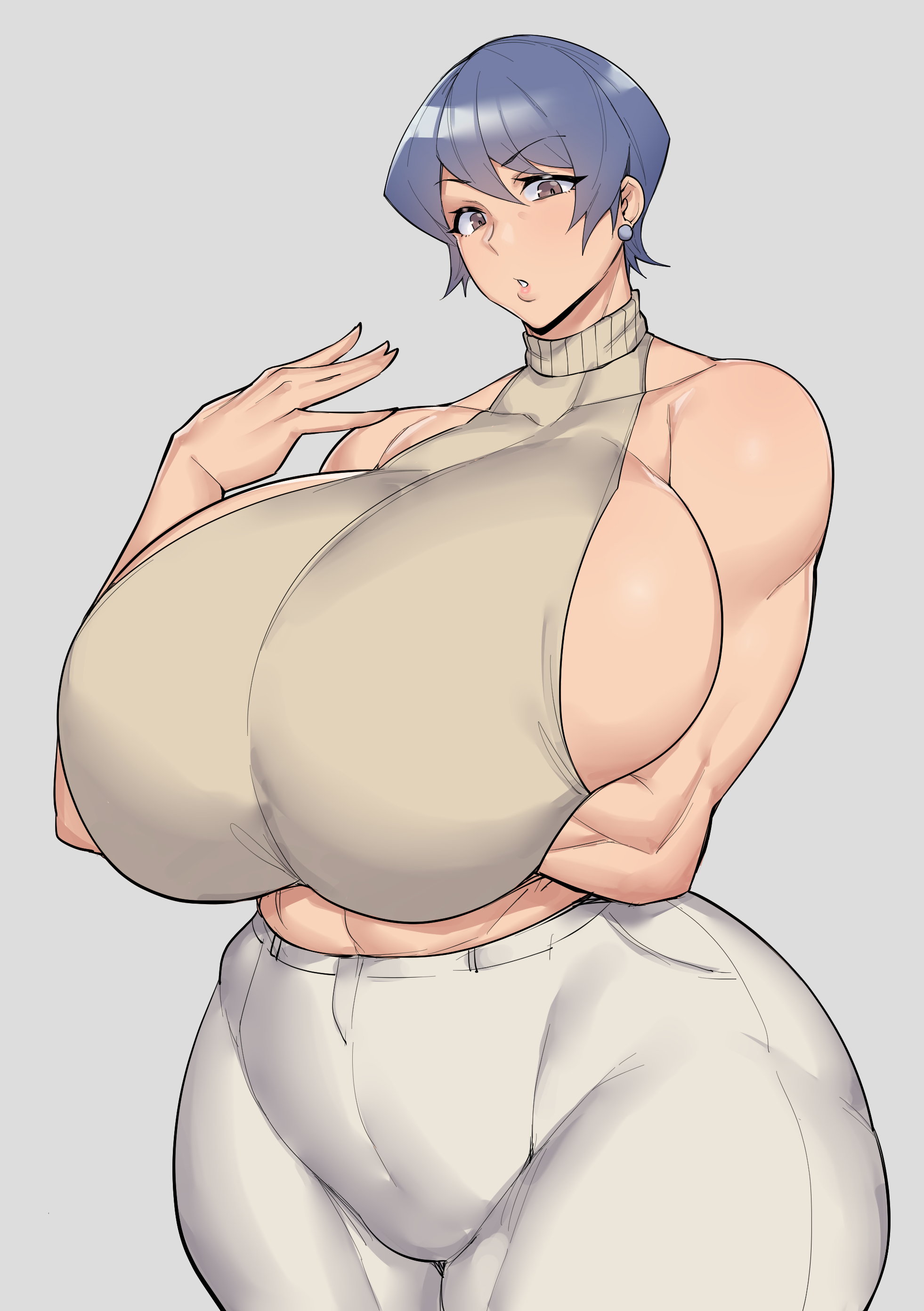 1girls, arms under breasts, ass, breasts, chubby female, clothed female, curvy female, curvy figure, female, fully clothed, gigantic breasts, huge ass, huge breasts, looking at viewer, milf, mom, mommy, muscular, muscular female, natedecock, natsumi (natedecock), older female, original, original character, plain background, short hair, sideboob, sleveeless shirt, solo, venus body, very short hair, voluptuous female, wide hips