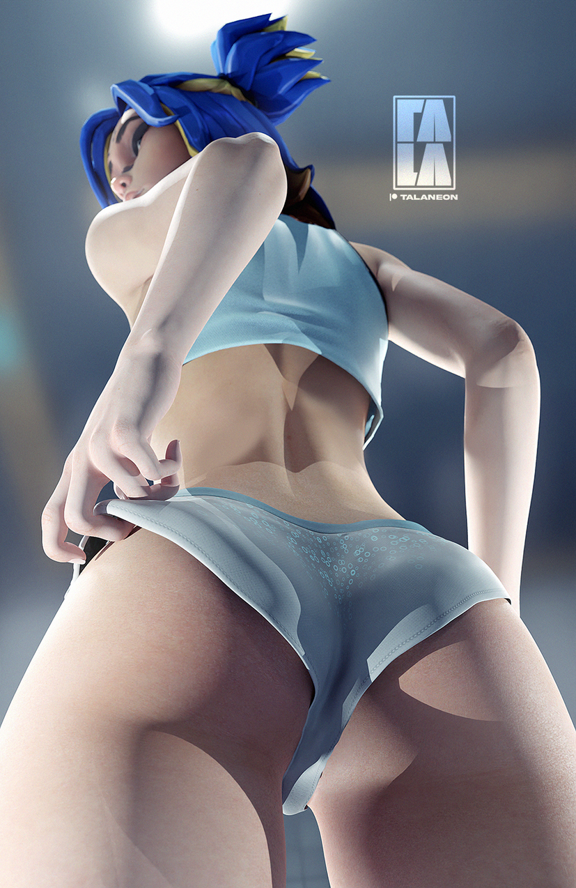 1girls back_view bandaid blue_crop_top blue_hair blue_panties crop_top female multicolored_hair neon_(valorant) panties pulling_panties rear_view riot_games streaked_hair talaneon valorant watermark