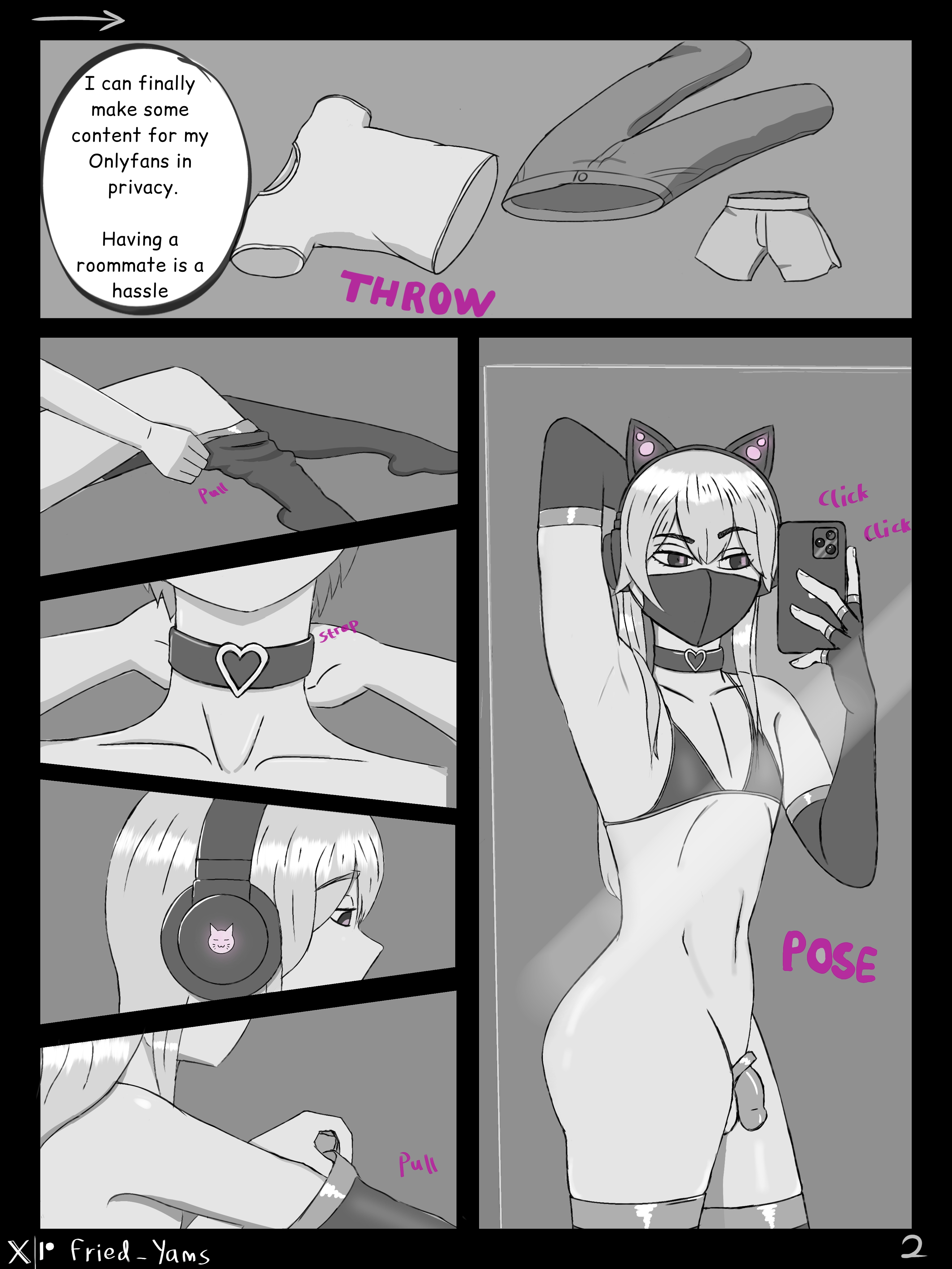 bra, cat ear headphones, chastity, chastity cage, clothes removed, cock ring, femboy, feminine male, male, mask, penis, sweetpotat0, text, trap