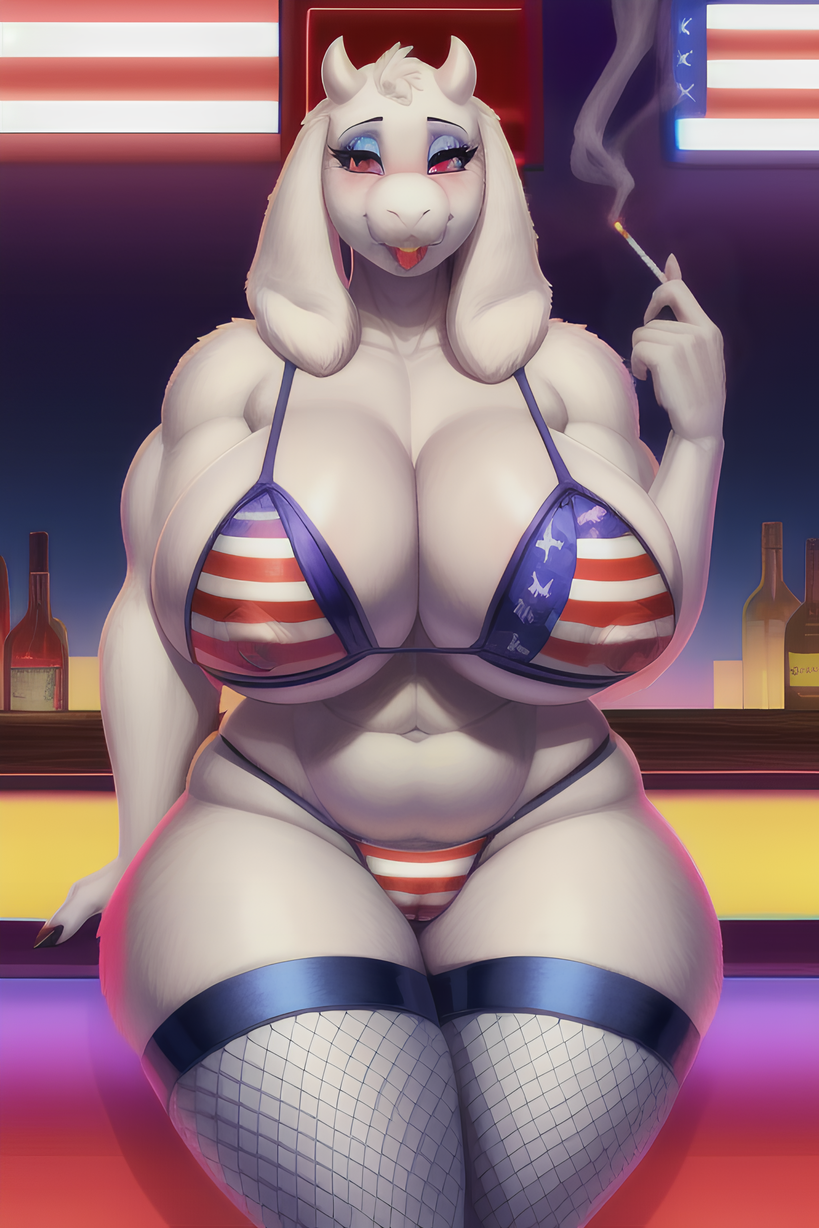 ai_generated anthro bar big_deltoids boss_monster bovid bovine chubby cigarette fishnet_legwear fishnets goat goat_girl huge_breasts lipstick looking_at_viewer lop_ears mammal mature mature_female milf muscular navel prostitution smoking smoking_cigarette stable_diffusion thick_thighs thighs toriel undertale undertale_(series) white_fur white_horn wide_hips