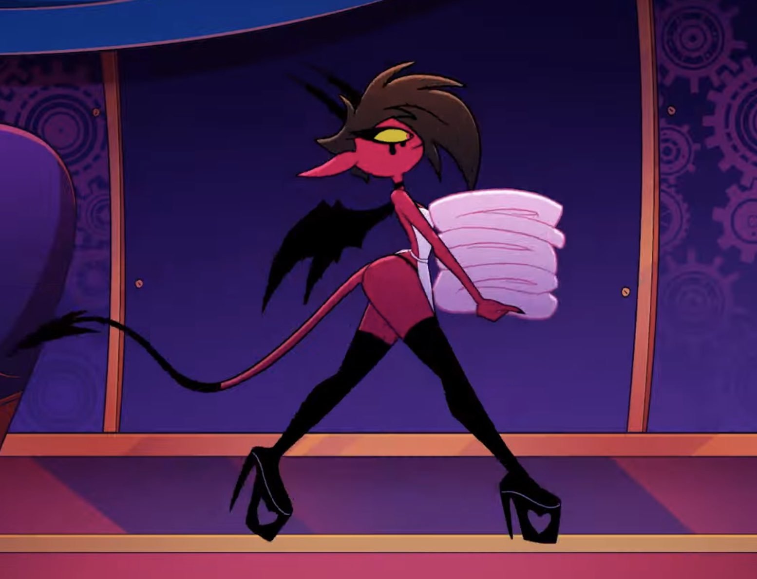 1girls, apron, arielle somerville (helluva boss), ass, background character, barely clothed, big ass, big butt, black hair, breasts, curvaceous, curved horn, curved horns, curves, curvy, curvy body, curvy figure, curvy hips, demon, demon eyes, demon horns, demon humanoid, demon tail, demon wings, demoness, detailed background, eyeliner, female, full body, glowing eyes, helluva boss, high heel boots, high heels, horn, horns, humanoid, makeup, mostly nude, naked apron, no bra, no humans, partially clothed, pointy ears, raphielle (helluva boss), red body, red skin, screenshot, side view, small breasts, sole female, solo, solo female, solo focus, succubus, succubus horns, succubus tail, succubus wings, tagme, tail, thick thighs, thighhighs, thighs, thong, voluptuous, wide hips, wings, yellow eyes