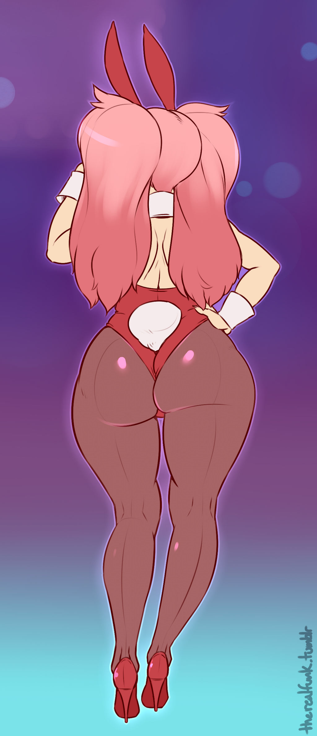 animal_ears ass back backside bunny_ears bunny_tail bunnysuit collar cuffs cuffs_(clothing) heels leotard live_for_the_funk pink_hair pink_leotard red_heels tail thick_thighs thong_leotard twintails