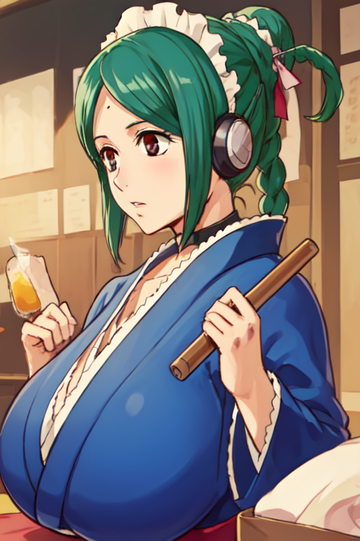 ai_generated android big_breasts braid braided_hair braided_ponytail choker female female_only forehead_mark fully_clothed gintama green_hair hair_bun hair_ornament headphones huge_breasts japanese_clothes kimono mole red_eyes robot_girl single_braid solo tama_(gintama) upper_body