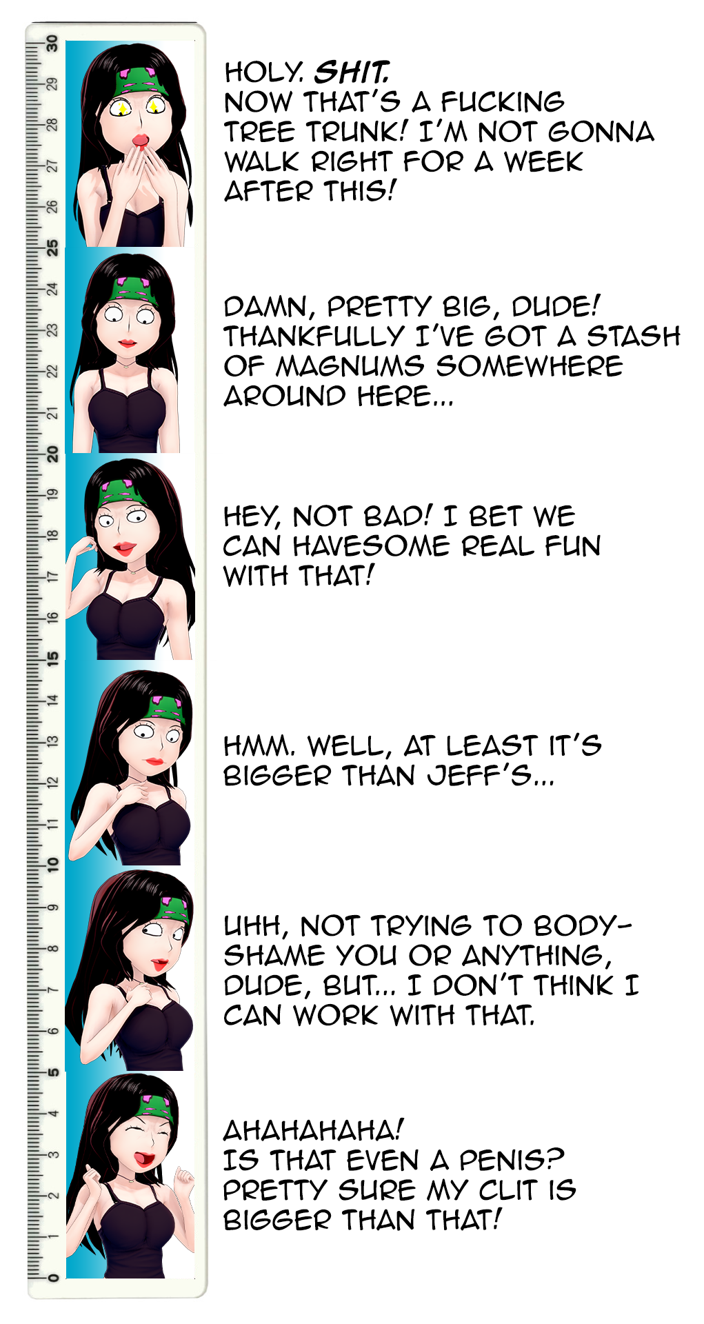 3d american_dad black_hair clothed_female commission commissioner_upload dialogue dirty_talk english_text hayley_smith hippie misunderstoodsecrets penis_measuring penis_reaction_chart ruler size_queen size_talk small_penis_humiliation sph text