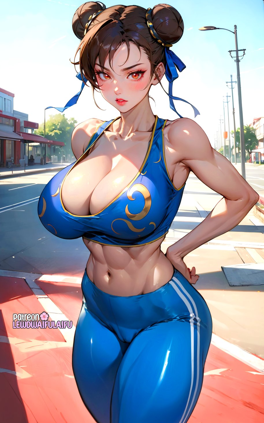 abs, ai generated, breasts, chun-li, cleavage, female, fit, fit female, huge breasts, leggings, muscular, shiny skin, street fighter