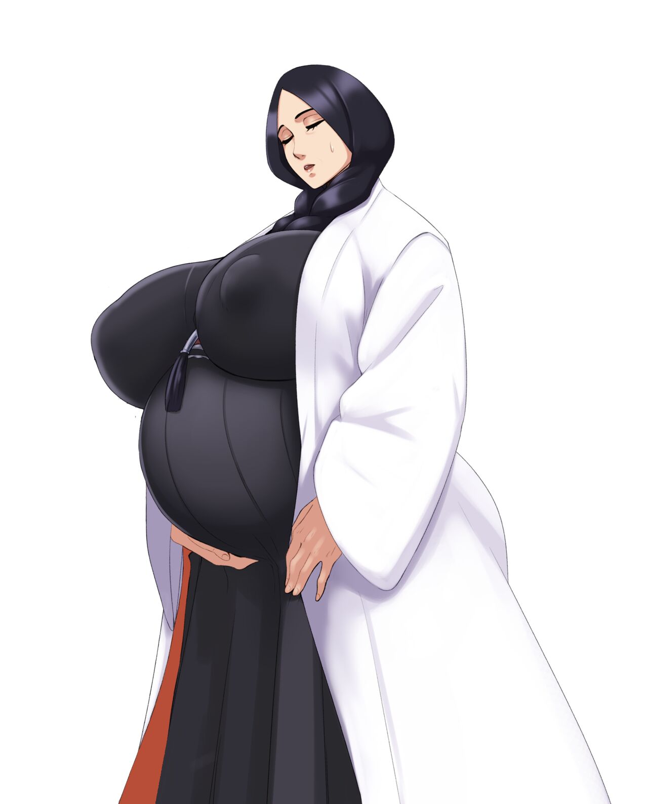 1girls ass black_hair bleach breasts closed_eyes covered_erect_nipples female female_focus holding_stomach huge_breasts japanese_clothes kimono long_hair mature mature_female milf nipples open_mouth pregnant pregnant_belly pregnant_female simple_background solo sunnysundown sweatdrop teeth unohana_retsu upper_teeth_only venus_body voluptuous white_background