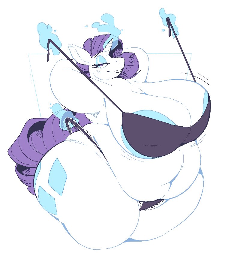 areola slip, big areola, big belly, big breasts, big ears, bootfromtv, bra, breasts, cutie mark, fat, female, friendship is magic, half-closed eyes, hand behind head, looking at viewer, magic, makeup, my little pony, navel, obese, obese female, overweight, overweight female, panties, purple eyes, purple hair, rarity (mlp), simple background, smile, tail, thick thighs, undressing, unicorn, white body