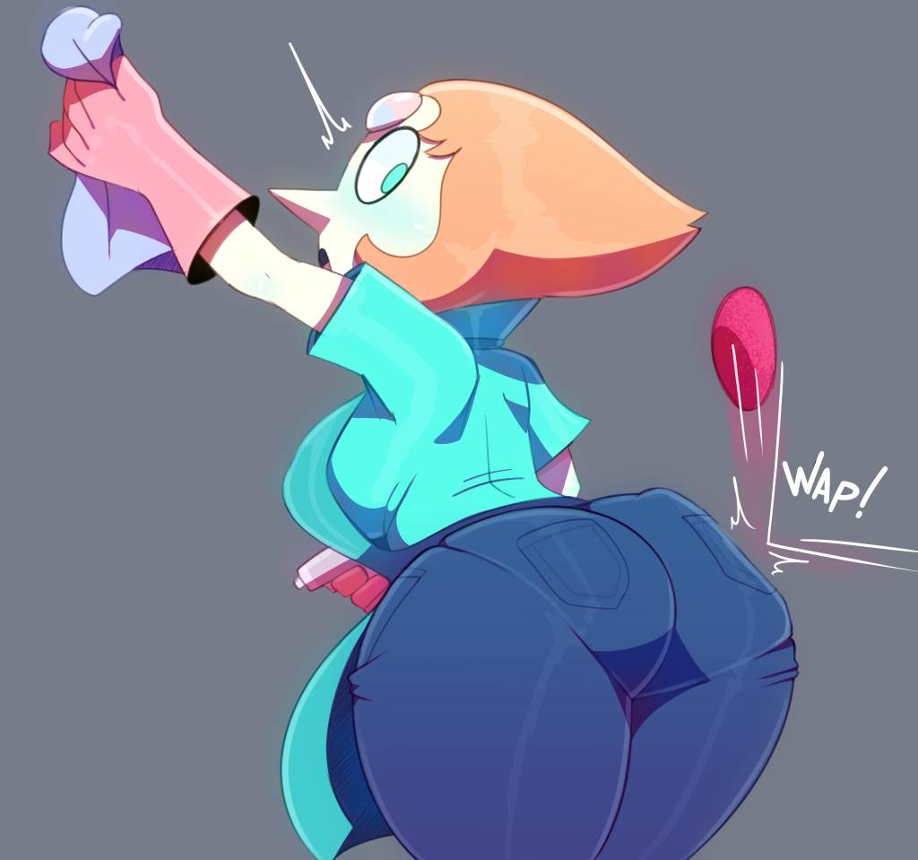apron, ass, back, ball (object), bent over, blue eyes, bounce, cartoon network, cleaning, female, fully clothed, gem (species), gloves, jeans, pantylines, pearl (steven universe), pointy nose, somescrub, steven universe, suprised