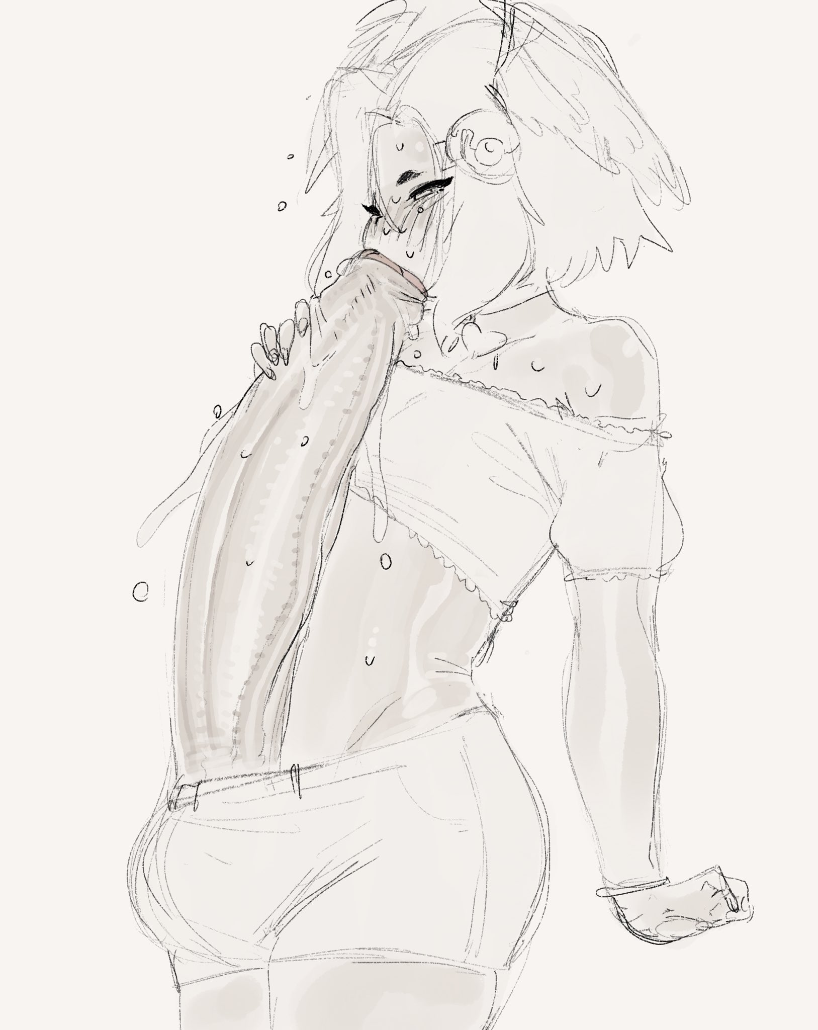 1futa, 2023, autofellatio, balls, blowjob, blush, breasts, clothed, clothing, crop top, dickgirl, erection, flat chest, foreskin, futa only, futanari, gigantic penis, hi res, horny, human, implied futa, intersex, khentaiu, masturbation, monochrome, mostly clothed, mostly nude, partially retracted foreskin, penis, retracted foreskin, shorts, solo, standing, uncircumcised, uncut