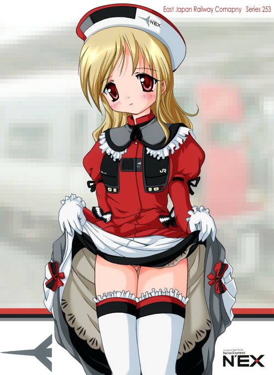 2000s_(style) archived_source ashita_yaru ass_visible_through_thighs black_bow black_ribbon blonde_hair blush bow bow_skirt closed_mouth clothes_lift commentary_request east_japan_railway_company female gloves hat juliet_sleeves lifted_by_self long_hair long_sleeves looking_at_viewer neck_ribbon original personification petticoat puffy_sleeves pussy pussy_peek red_bow red_eyes red_shirt ribbon shirt skirt skirt_lift sleeve_ribbon standing thighhighs two-tone_bow typo white_bow white_gloves white_headwear white_skirt white_thighhighs zettai_ryouiki