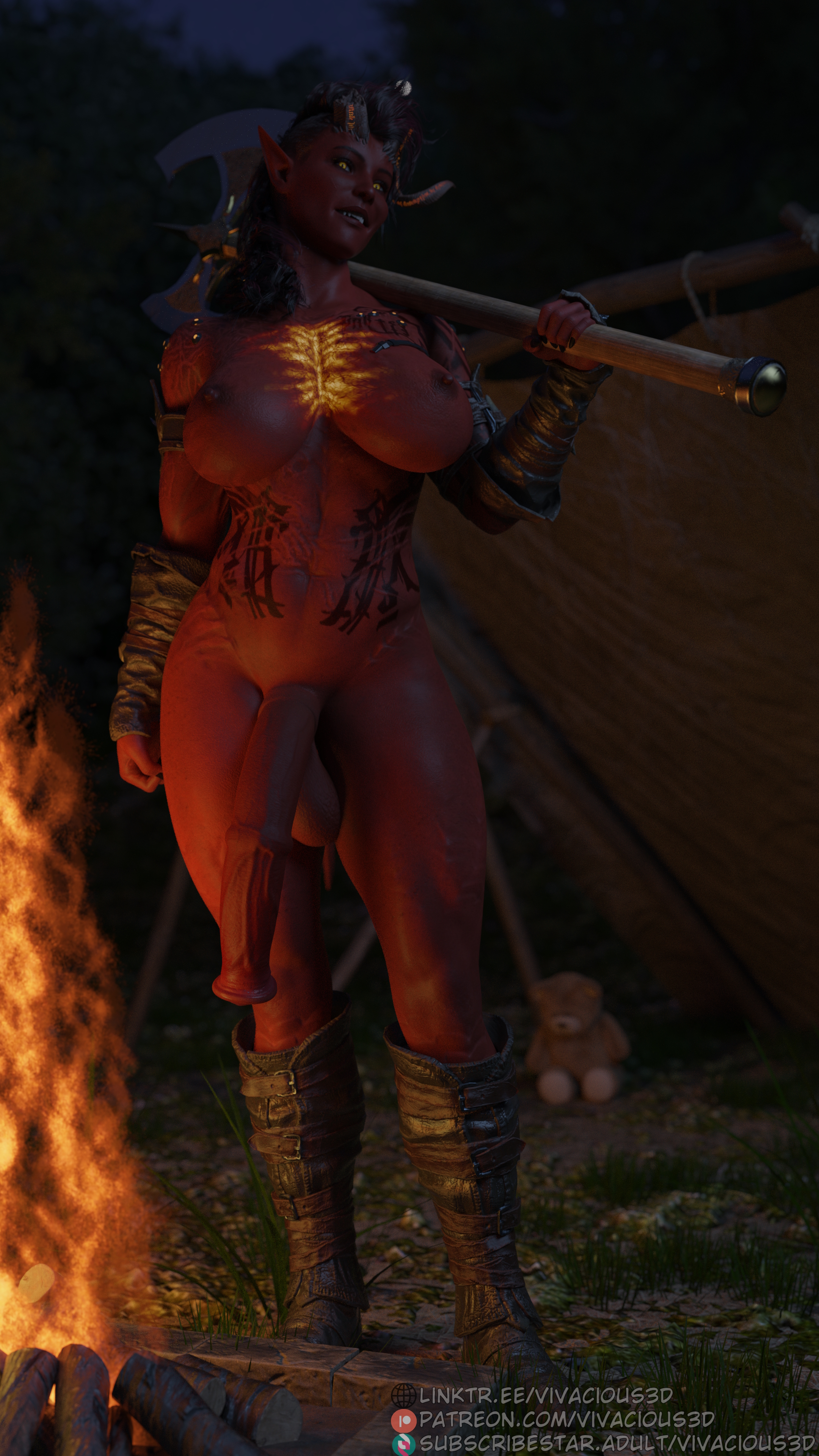 3d, 3d (artwork), 3dx, animal genitalia on humanoid, baldur's gate, baldur's gate 3, breasts, campfire, casual, dickgirl, dungeons and dragons, female, footwear, forest, forgotten realms, futa only, futadom, futanari, handwear, handwear and footwear only, horns, horse, horse penis, horsecock, horsecock futa, horsecock on humanoid, huge breasts, huge cock, intersex, karlach, large breasts, large penis, muscular, muscular futa, naked with shoes on, nonsexual, nonsexual nudity, outdoors, penis, solo, solo futa, tent, tiefling, tiefling futa, tiefling girl, vivacious3d, weapon