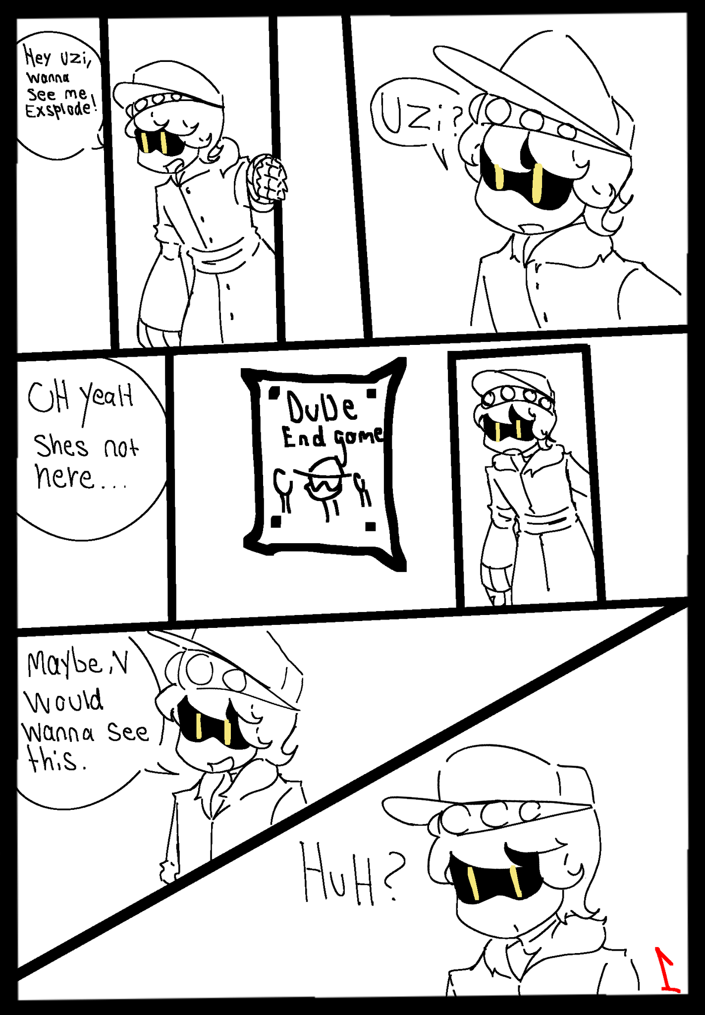1boy, 1girls, comic, female, ghastlypann, glitch productions, male, male only, murder drones, n (murder drones), page 1, portal fleshlight, purple eyes, purple hair, robot, robot girl, robot humanoid, uzi (murder drones), white hair, yellow eyes