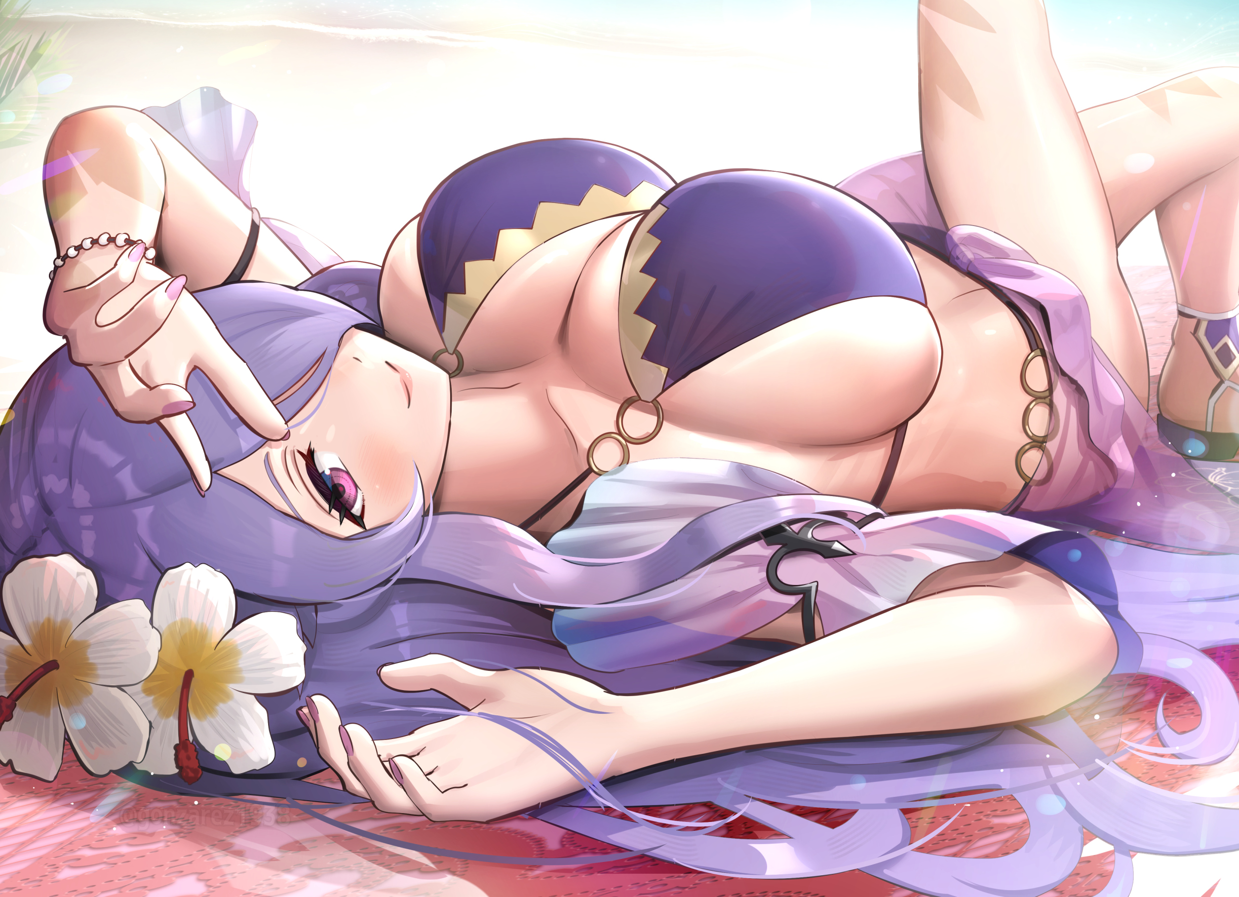 1girls, alternate costume, beach, bikini, bracelet, breasts, camilla (fire emblem), cleavage, female, female only, fire emblem, fire emblem fates, fire emblem heroes, flower, gonzarez, hair flower, hair ornament, hair over one eye, highres, jewelry, large breasts, light skin, light-skinned female, long hair, looking at viewer, nintendo, official alternate costume, purple bikini, purple eyes, purple hair, purple swimsuit, revision, sandals, sarong, sideboob, smile, swimsuit