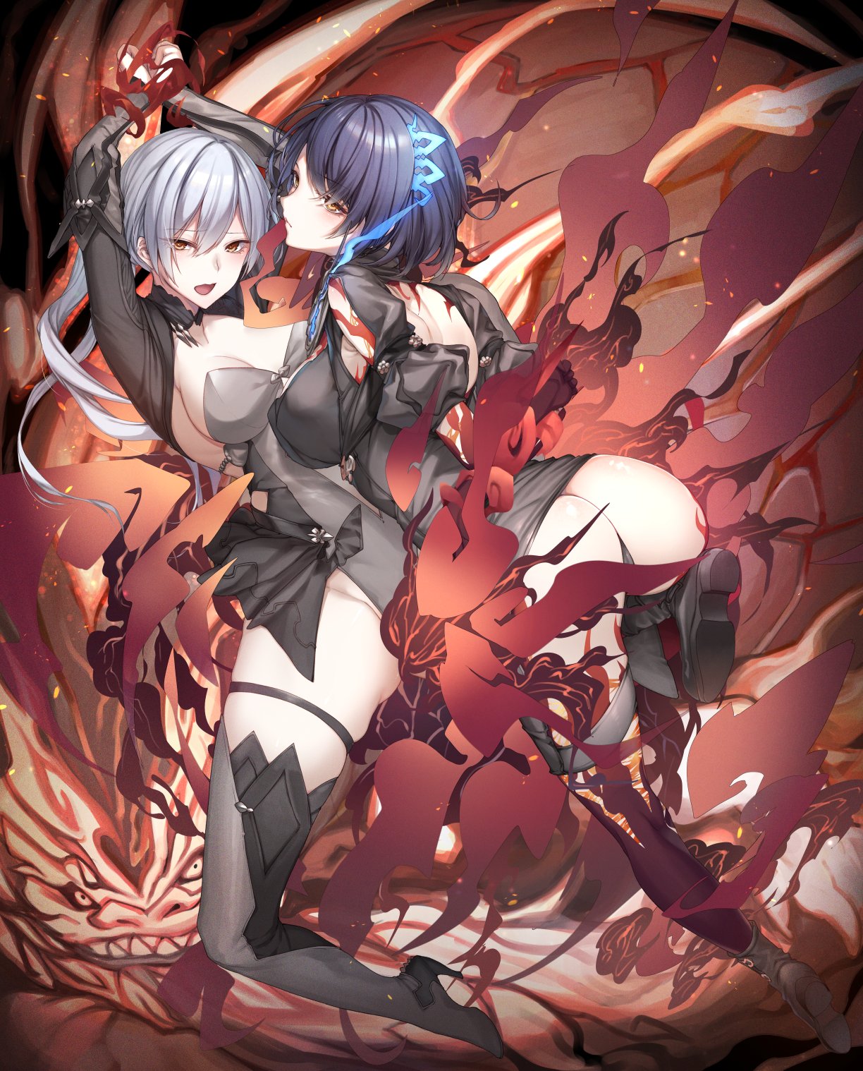 2girls alice_(sinoalice) ass blue_hair blush boots bound bound_arms breasts closed_mouth fire gloves hair_ornament half-nightmare high_heels highres large_breasts legband leotard lion long_hair looking_at_viewer looking_to_the_side medium_breasts multiple_girls open_mouth orange_eyes panties ponytail sinoalice snow_white_(sinoalice) spirit tattoo teroru thigh_boots thighhighs underwear white_hair yuri