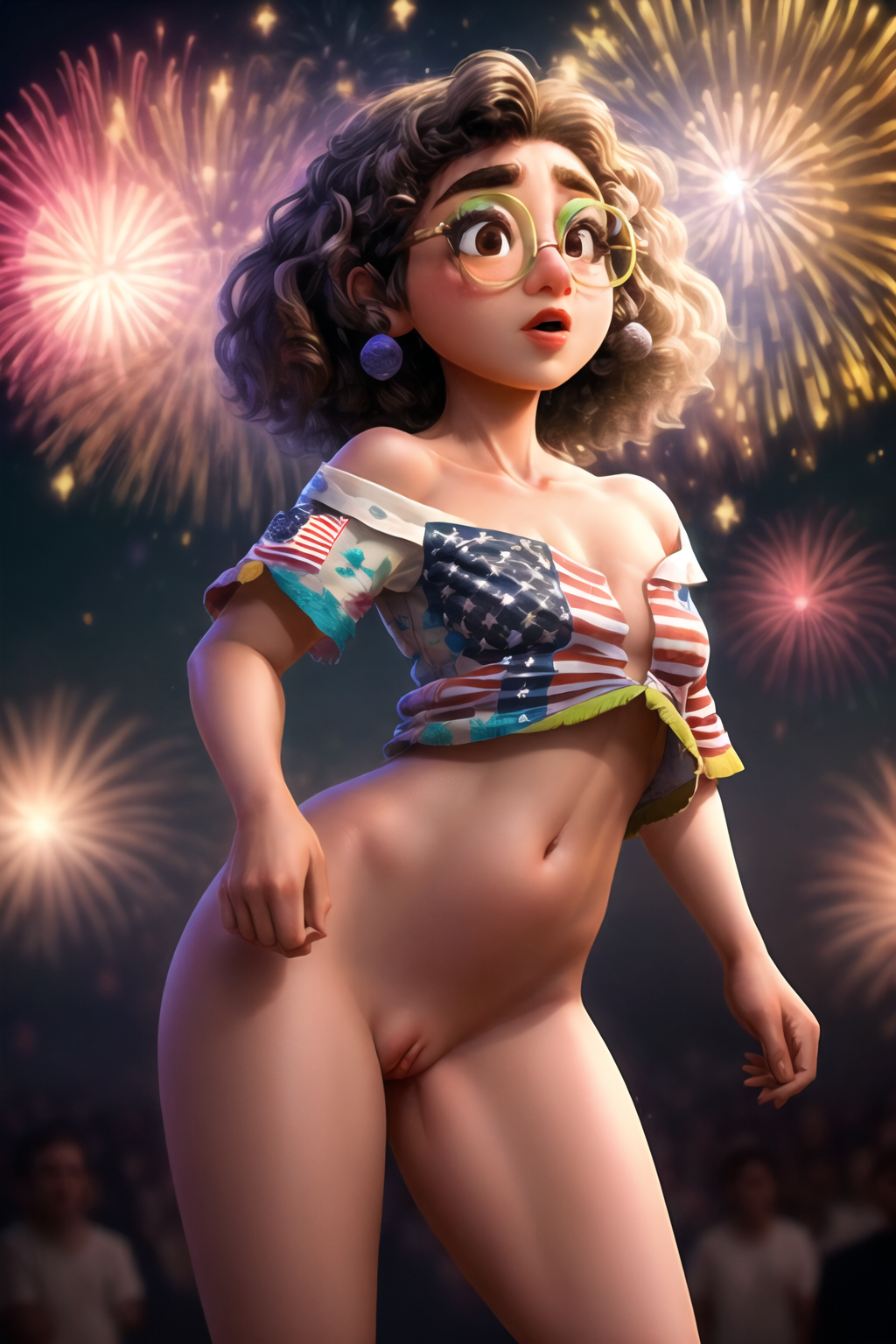 1girls ai_generated american_flag_shirt belly_button black_hair clothing colombian_female dark-skinned_female dark_skin disney earrings encanto female female_only fireworks glasses latina mirabel_madrigal petite public_nudity pussy shirt short_hair standing