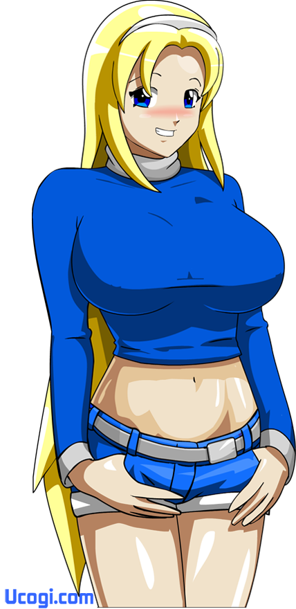 1girls blonde_hair blue_eyes breasts female female_focus female_only hairband hands_in_pockets hips large_breasts looking_at_viewer midriff short_shorts shorts sweater thighs transparent_background ucogi veins_(artist) voluptuous voluptuous_female