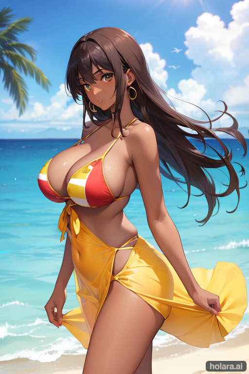 1girls aged_up ai_generated beach brown_hair cemento_sol clothing dark-skinned_female dark_skin holaraai hourglass_figure latina long_hair looking_at_viewer peruvian_female protegiendo_los_sueños_de_sol sol_segura