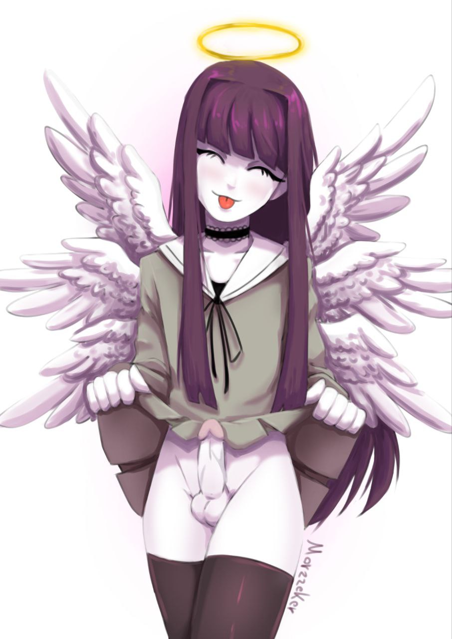 1boy :p androgynous angel angel_boy angel_halo angel_wings black_legwear choker closed_eyes clothes_lift dress_lift engetsu erect_penis erection femboy feminine_male funamusea halo legwear male male_only morzzeker penis purple_hair smile smiling solo solo_male testicles thighhighs tongue_out wings