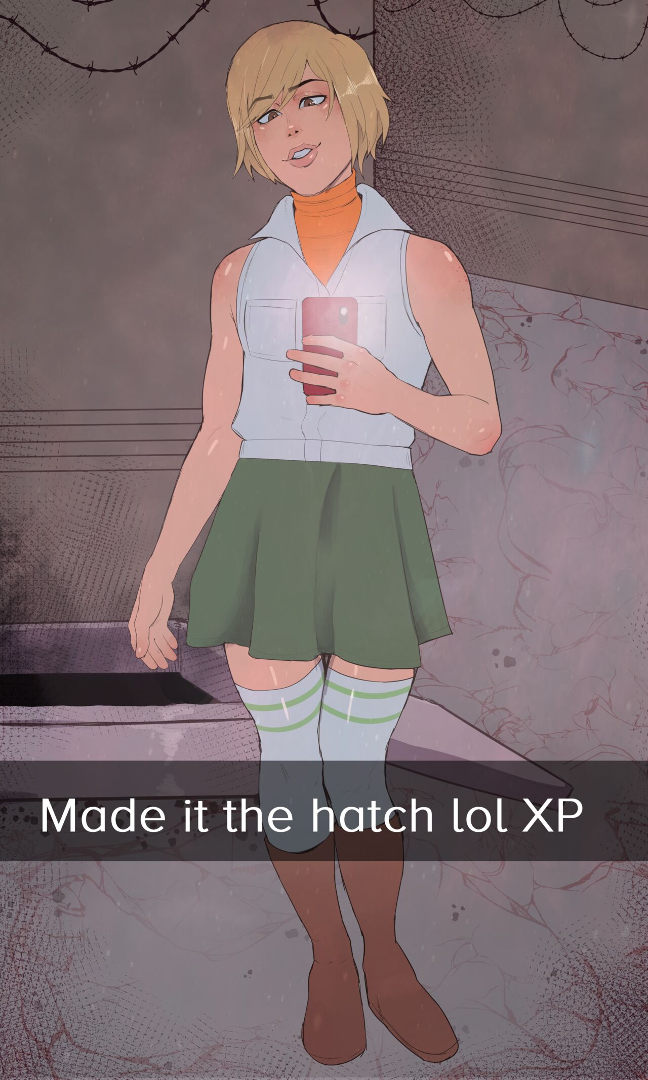crossdressing, femboy, gay, gay male, heather mason, kiddeathx (artist), male, male heather, phone, rule 63, silent hill, silent hill 3, skirt, snapchat, yaoi