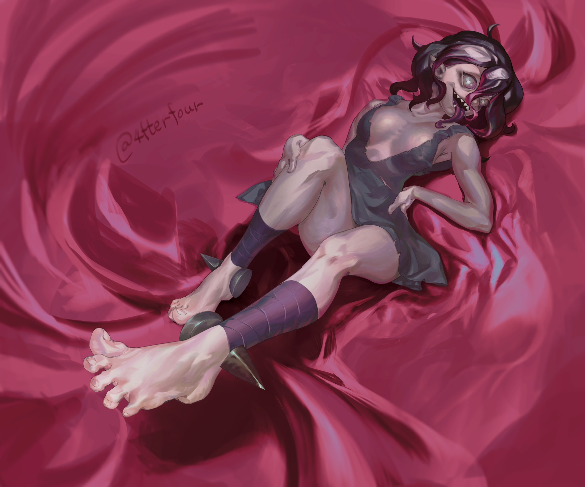 after4, barely clothed, bed, bed sheet, briar (league of legends), dress, feet, feet up, female, league of legends, licking, long tongue, looking at viewer, lying, lying on back, lying on bed, pink eyes, ragged clothing, red background, red hair, sharp teeth, smiling, smiling at viewer, thighs, tongue, tongue out, vampire, vampire girl, white eyes, white hair