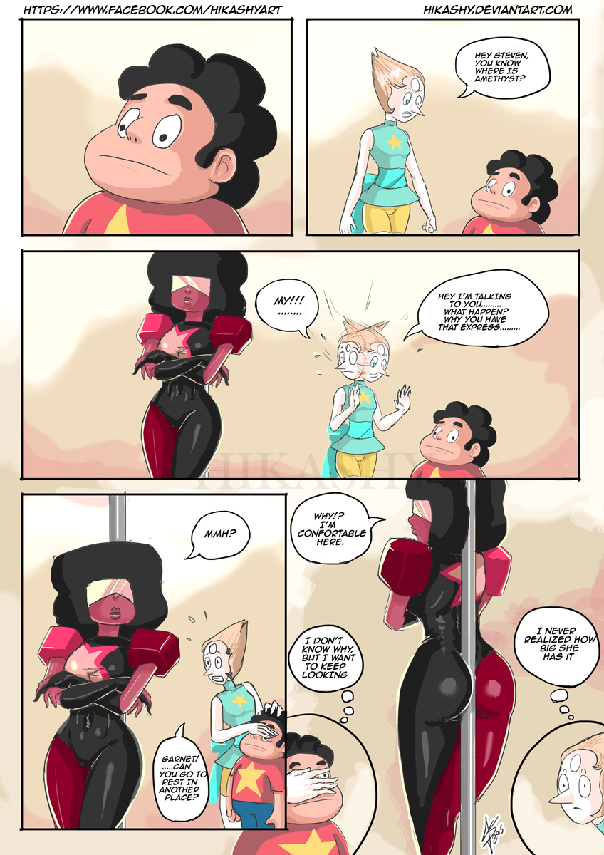 ass, between buttocks, cartoon network, comic, covering eyes, dialogue, female, fully clothed, funny, garnet (steven universe), gem (species), hikashy, pearl (steven universe), pole, pole between ass, pole between buttocks, staring, steven quartz universe, steven universe, unaware