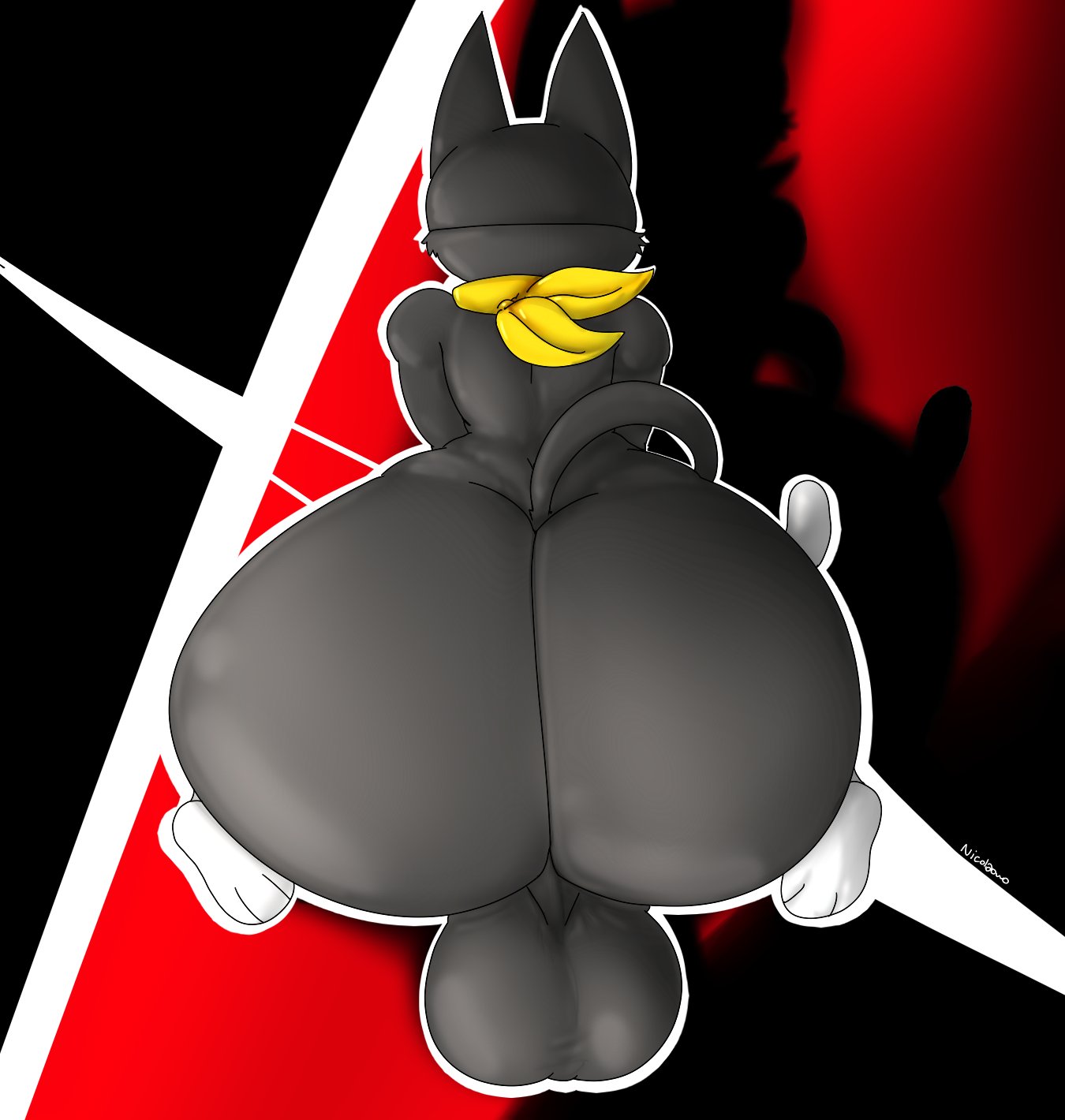 ass, balls, big ass, big balls, bubble ass, bubble butt, fat ass, femboy, furry, huge ass, male, male focus, male only, morgana (persona), nicolaowo, persona, persona 5, sitting, solo male, tail, thick thighs, viewed from behind, wide hips