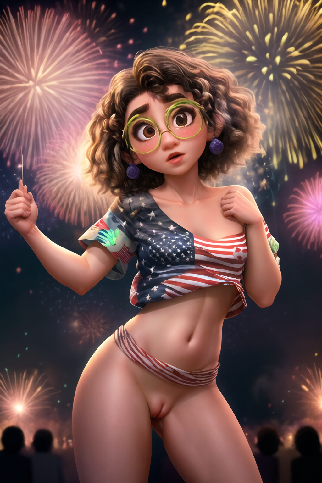 1girls ai_generated american_flag_shirt belly_button black_hair clothing colombian_female dark-skinned_female dark_skin disney earrings encanto female female_only fireworks glasses latina looking_at_viewer medium_breasts mirabel_madrigal petite public_nudity pussy shirt short_hair standing