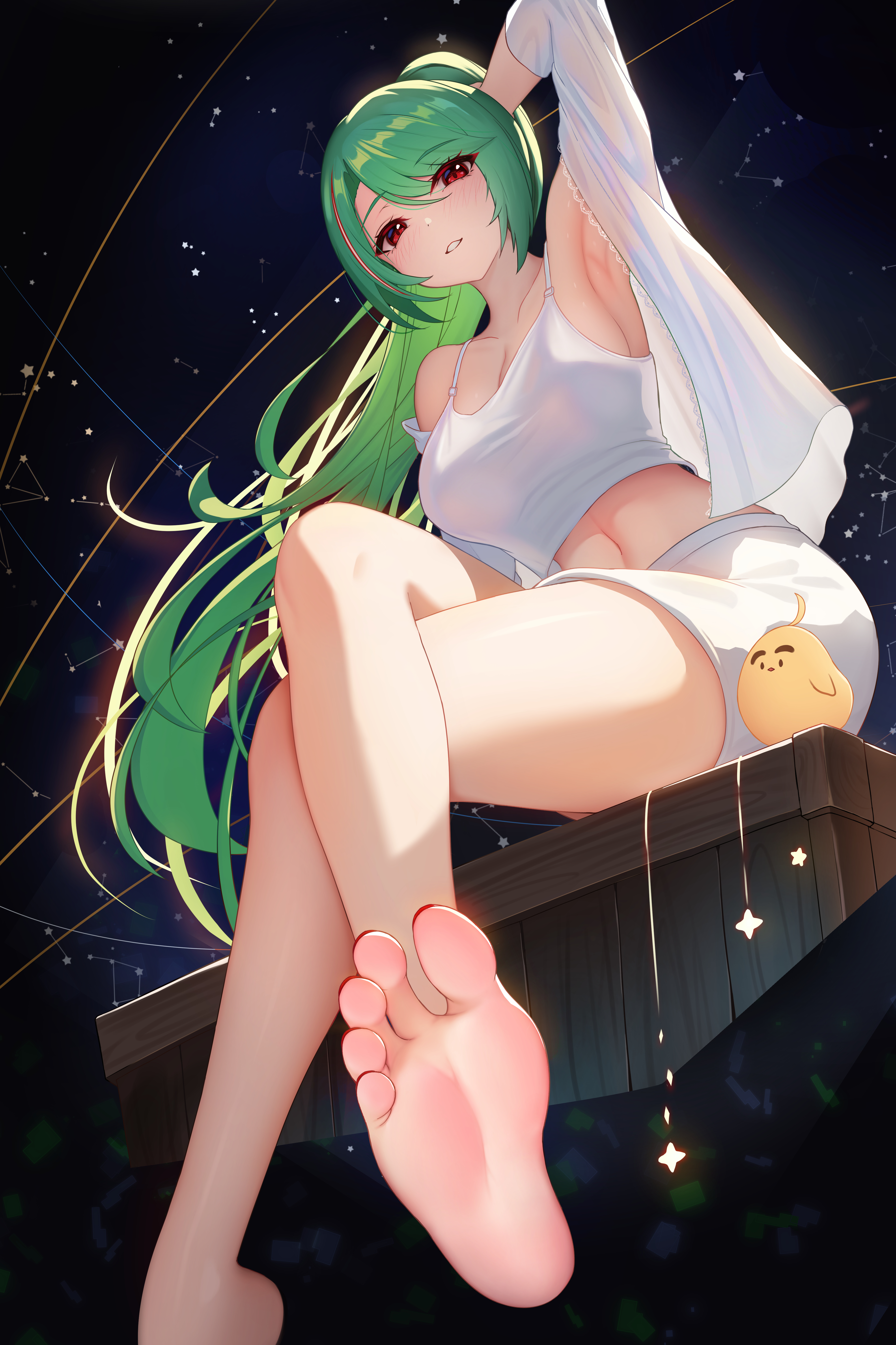 1animal, 1girls, armpit, azur lane, barefoot, damao yu, feet, feet towards viewer, female, female only, foot fetish, green hair, light skin, light-skinned female, littorio (azur lane), looking at viewer, manjuu (azur lane), painted toenails, red eyes, sardegna empire (azur lane), thighs, toes