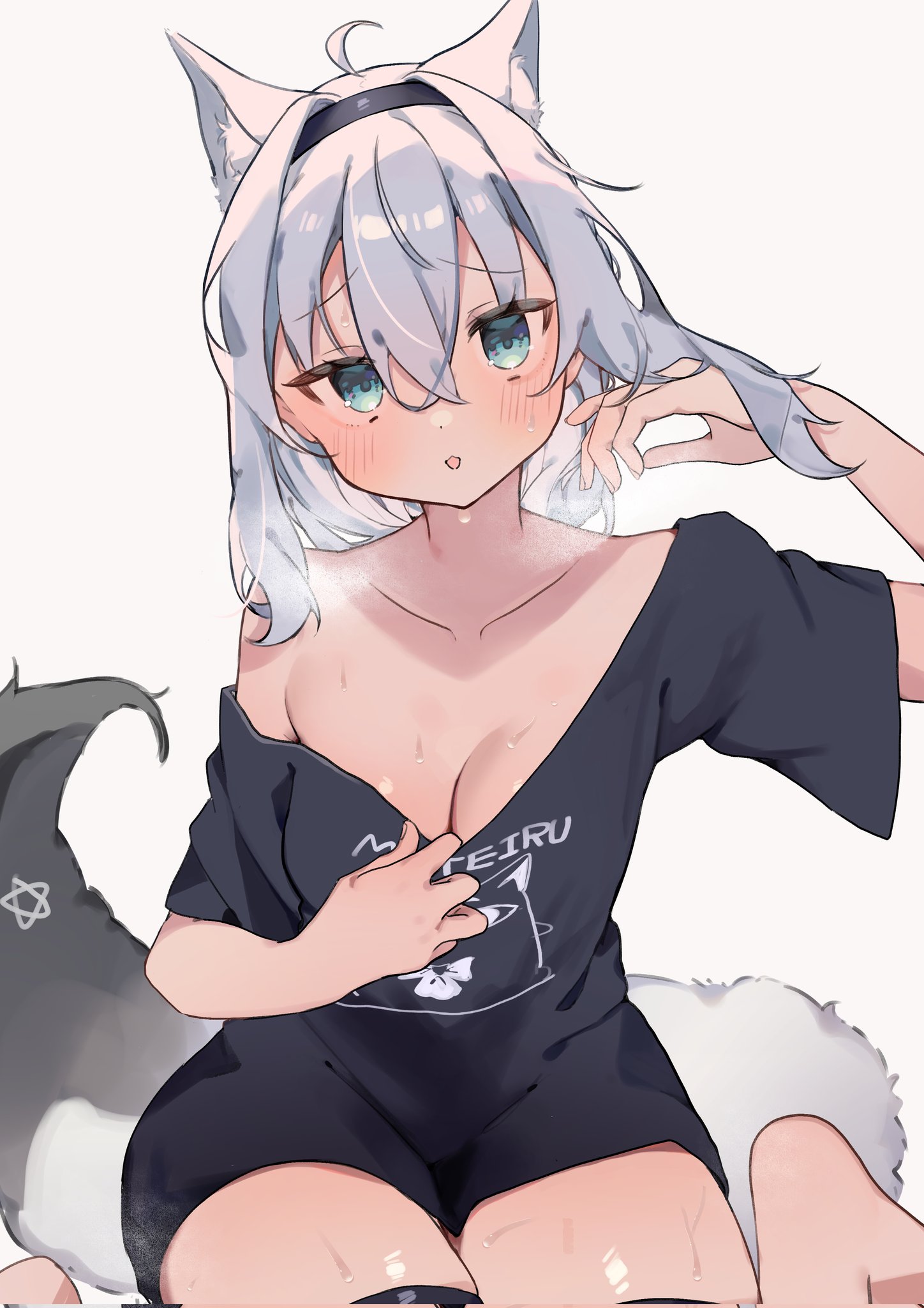 barefoot, black shirt, black t-shirt, blush lines, breasts, cooling off, cute, female, hololive, hololive gamers, hololive gen 1, hololive japan, large breasts, shirakami fubuki, short sleeves, sweat, sweaty, t-shirt, thick thighs, thigh strap, virtual youtuber, wide hips